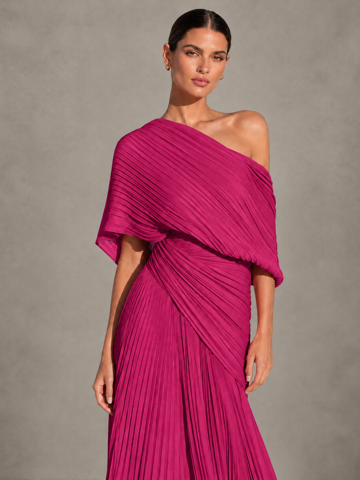 BOLODOO Fuchsia One-Shoulder Pleated Cape Evening Gown with Train - Fuchsia - Fuchsia (3)