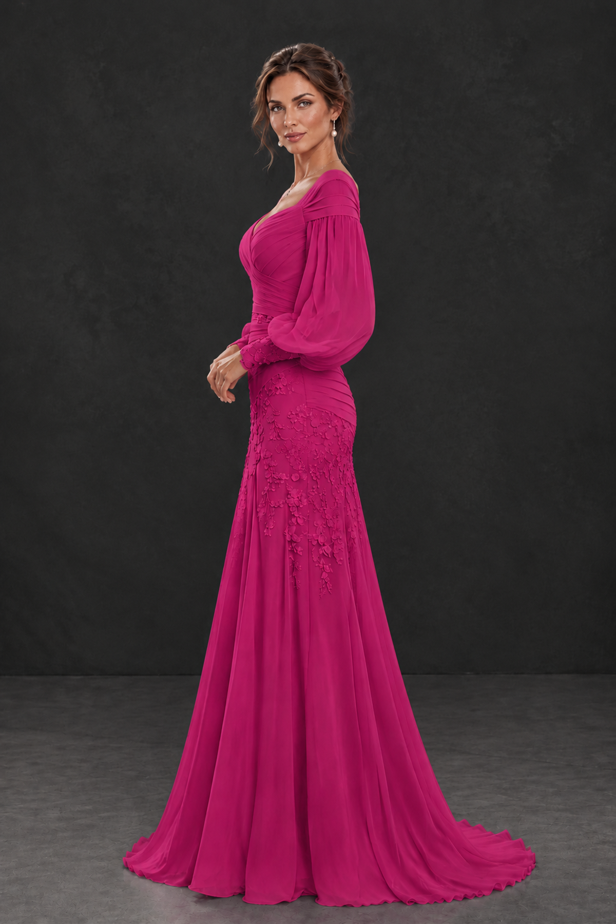 BOLODOO Fuchsia Long Sleeve Mother of the Bride Dress with Floral Appliqués - Fuchsia - Fuchsia (3)