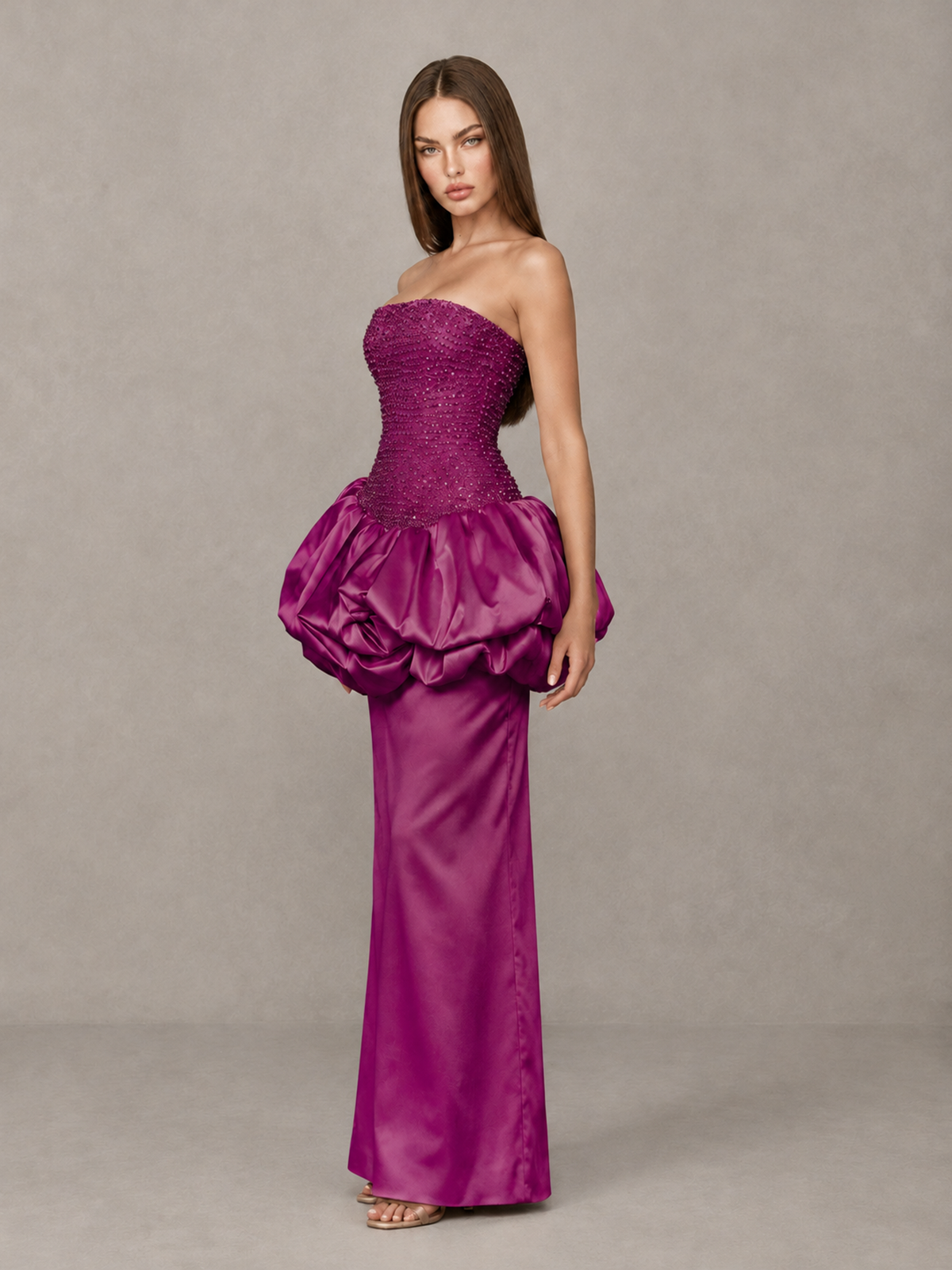 BOLODOO Fuchsia Strapless Embellished Bubble Peplum Evening Dress - Fuchsia - Fuchsia (3)