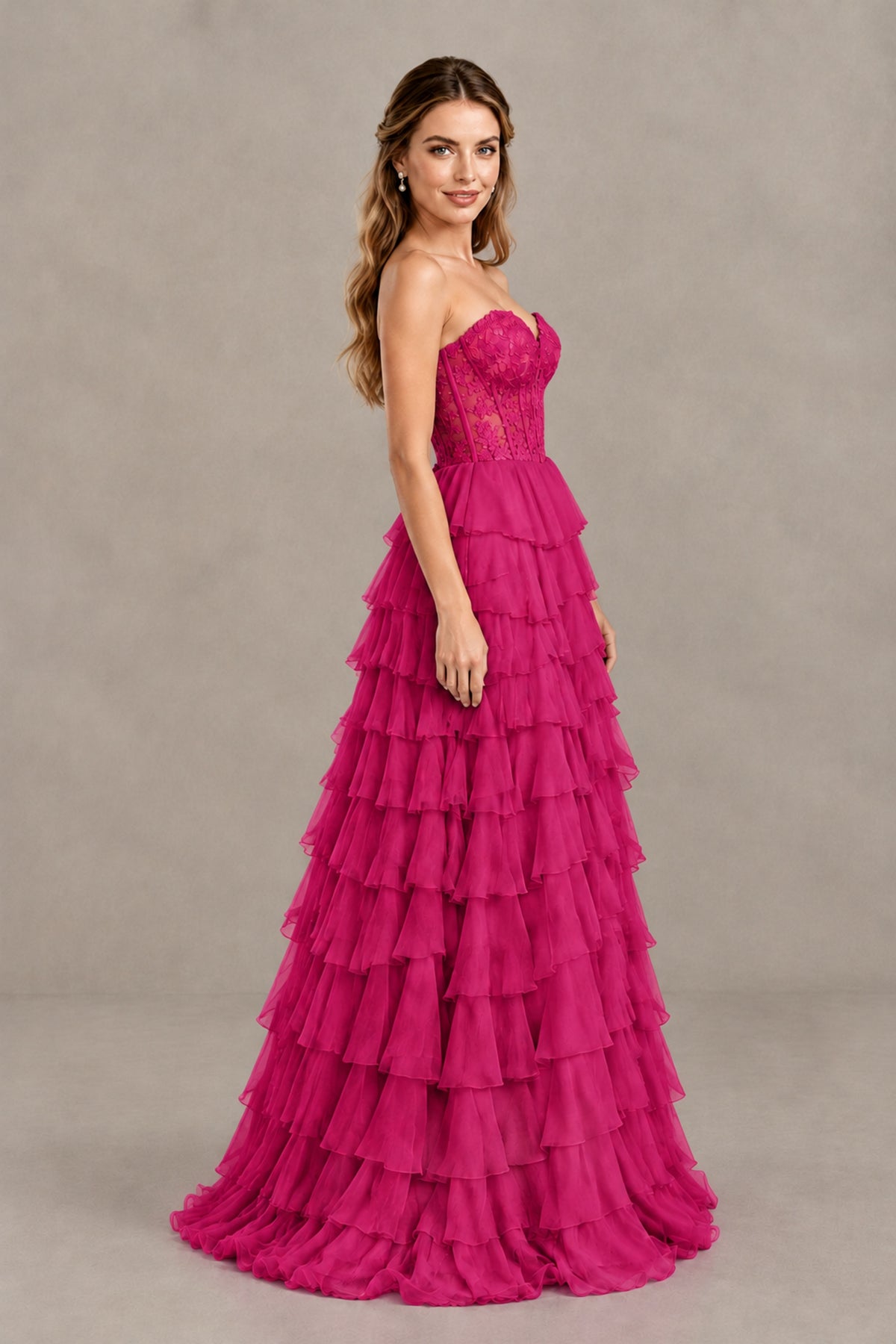 BOLODOO Fuchsia Strapless Lace Corset Tiered Ruffle Prom Dress with Slit - Fuchsia - Fuchsia (3)