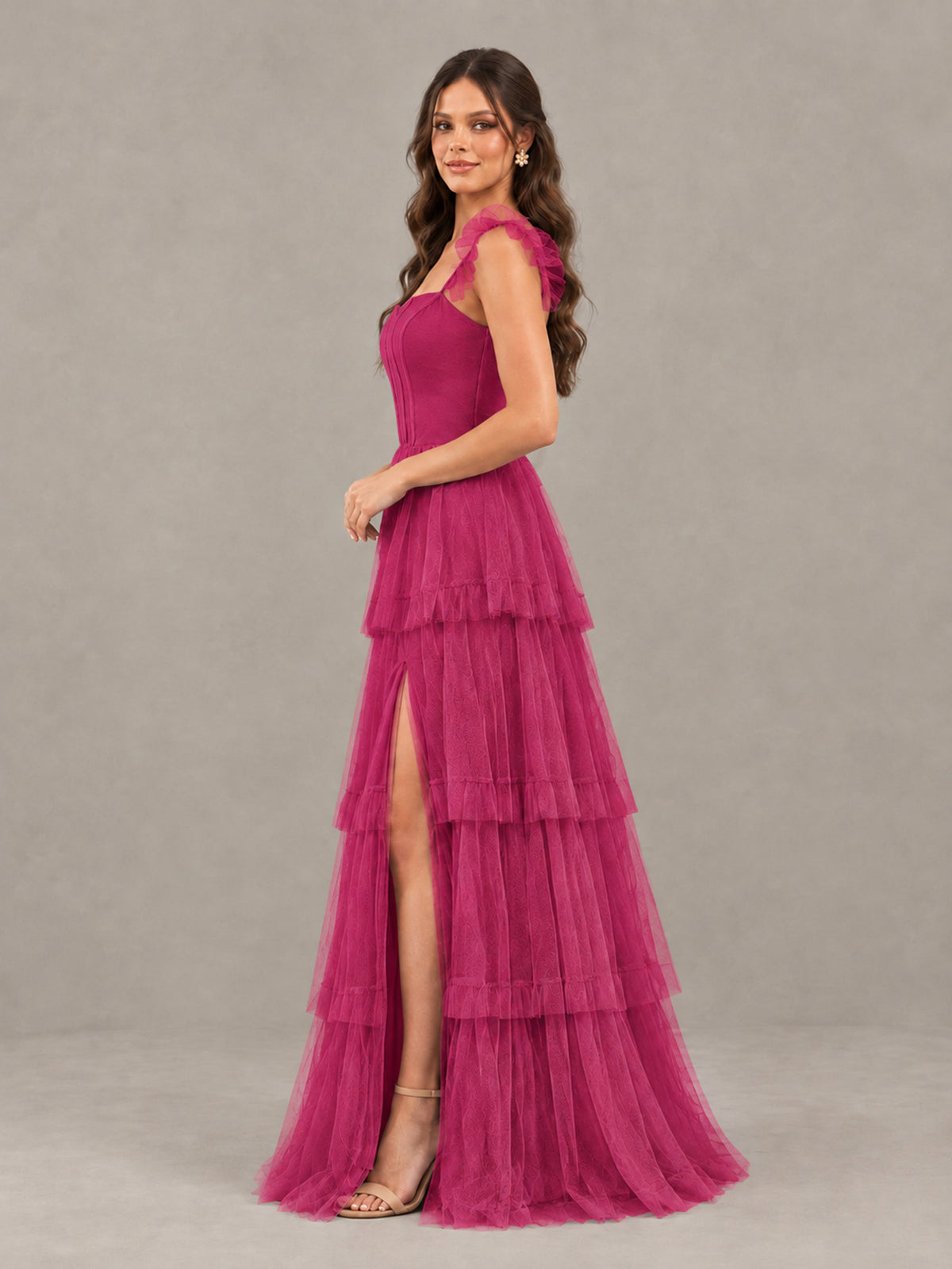 BOLODOO Fuchsia Tiered Tulle Bridesmaid Dress with Slit - Fuchsia - Fuchsia (3)