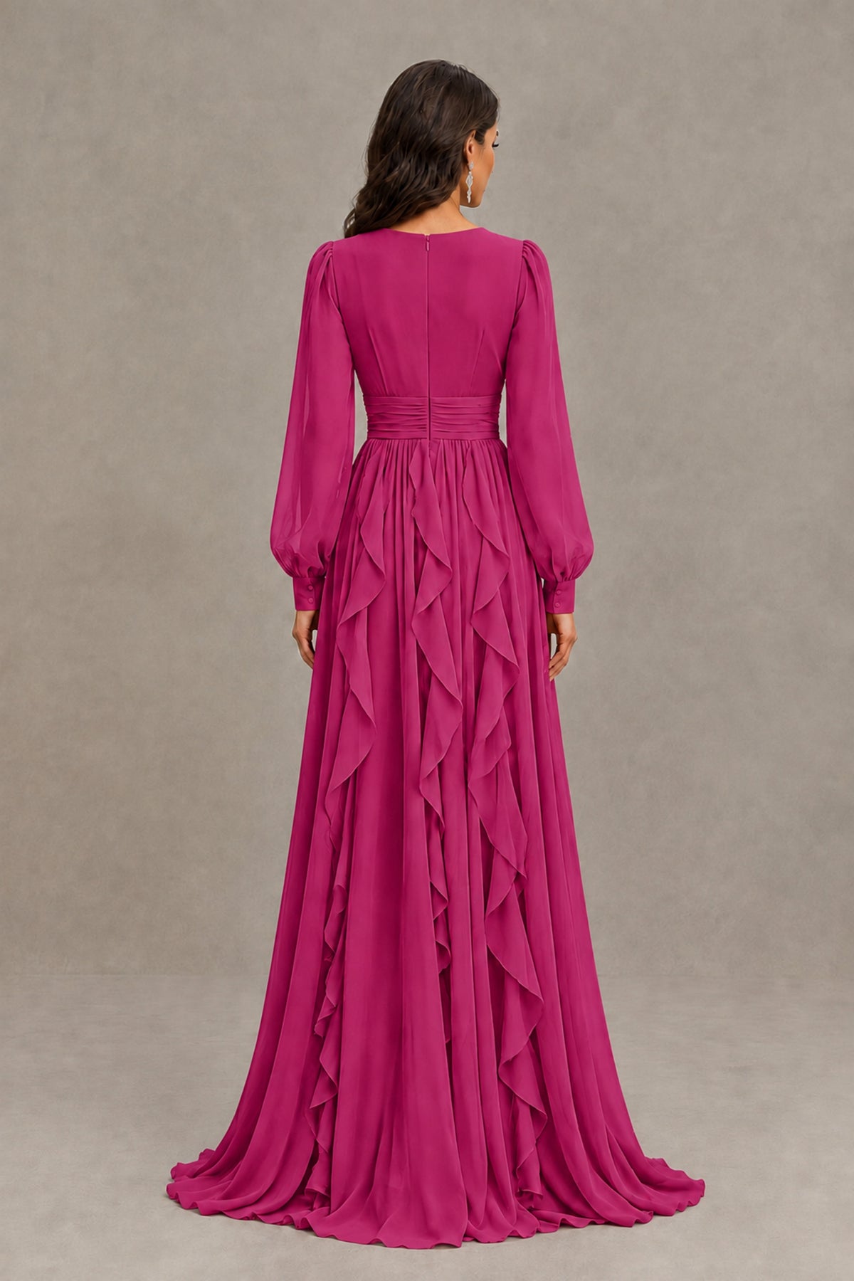 BOLODOO Fuchsia Long Sleeve V-Neck Ruffle Maxi Dress - Fuchsia - Fuchsia (3)