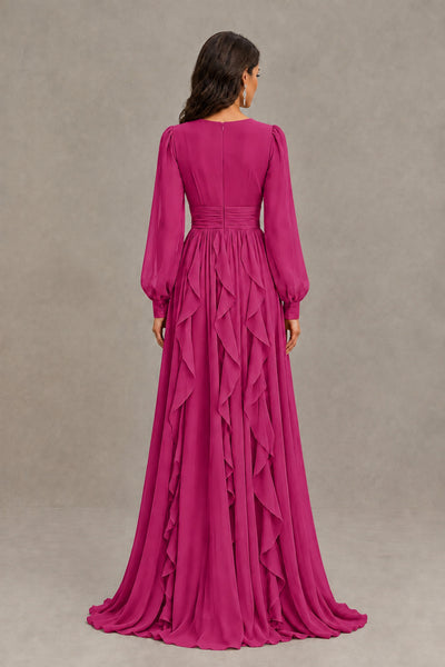 BOLODOO Fuchsia Long Sleeve V-Neck Ruffle Maxi Dress - Fuchsia - Fuchsia (3)
