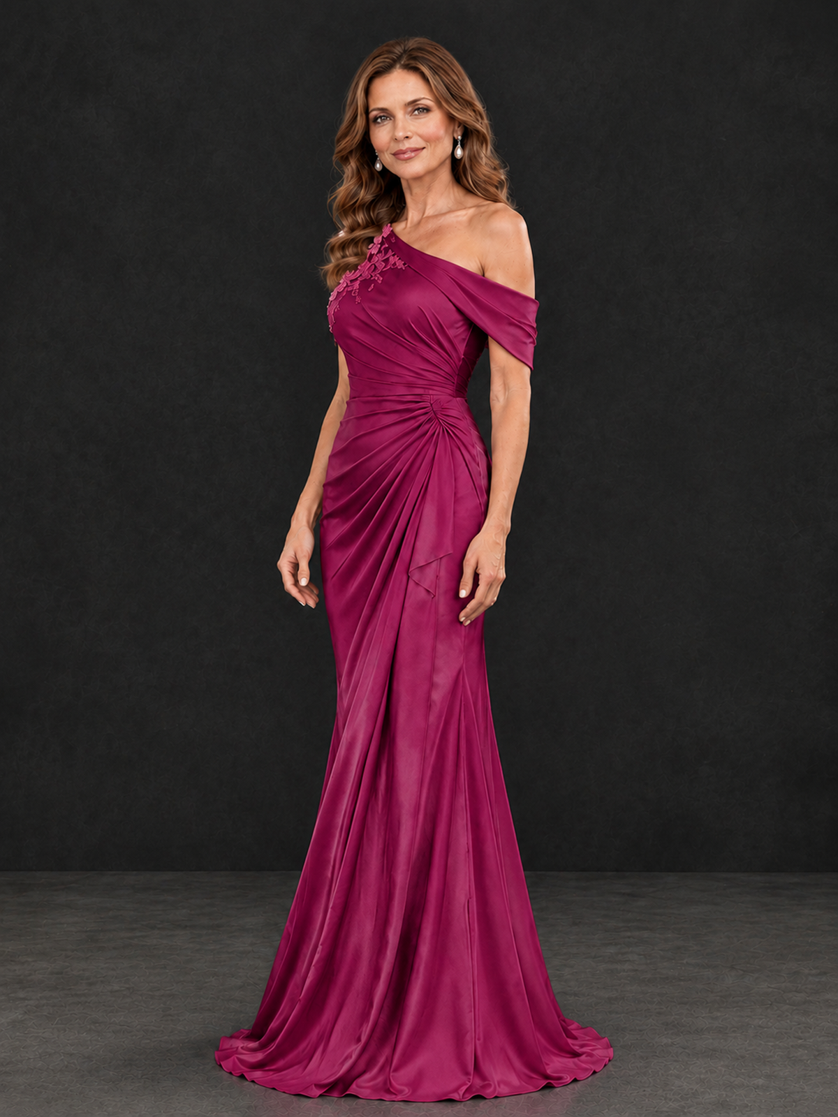 BOLODOO Fuchsia Asymmetric Satin Mother of the Bride Dress with Lace Sleeve - Fuchsia - Fuchsia (3)