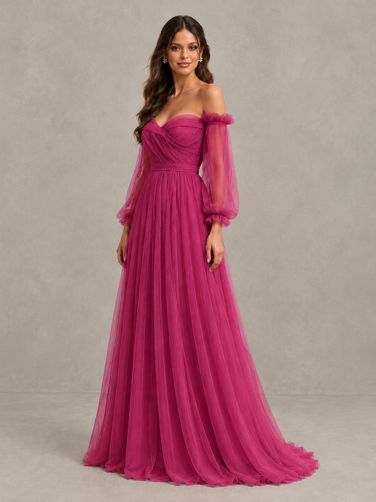BOLODOO Fuchsia Off-the-Shoulder Long Sleeve A-Line Bridesmaid Dress - Fuchsia - Fuchsia (3)