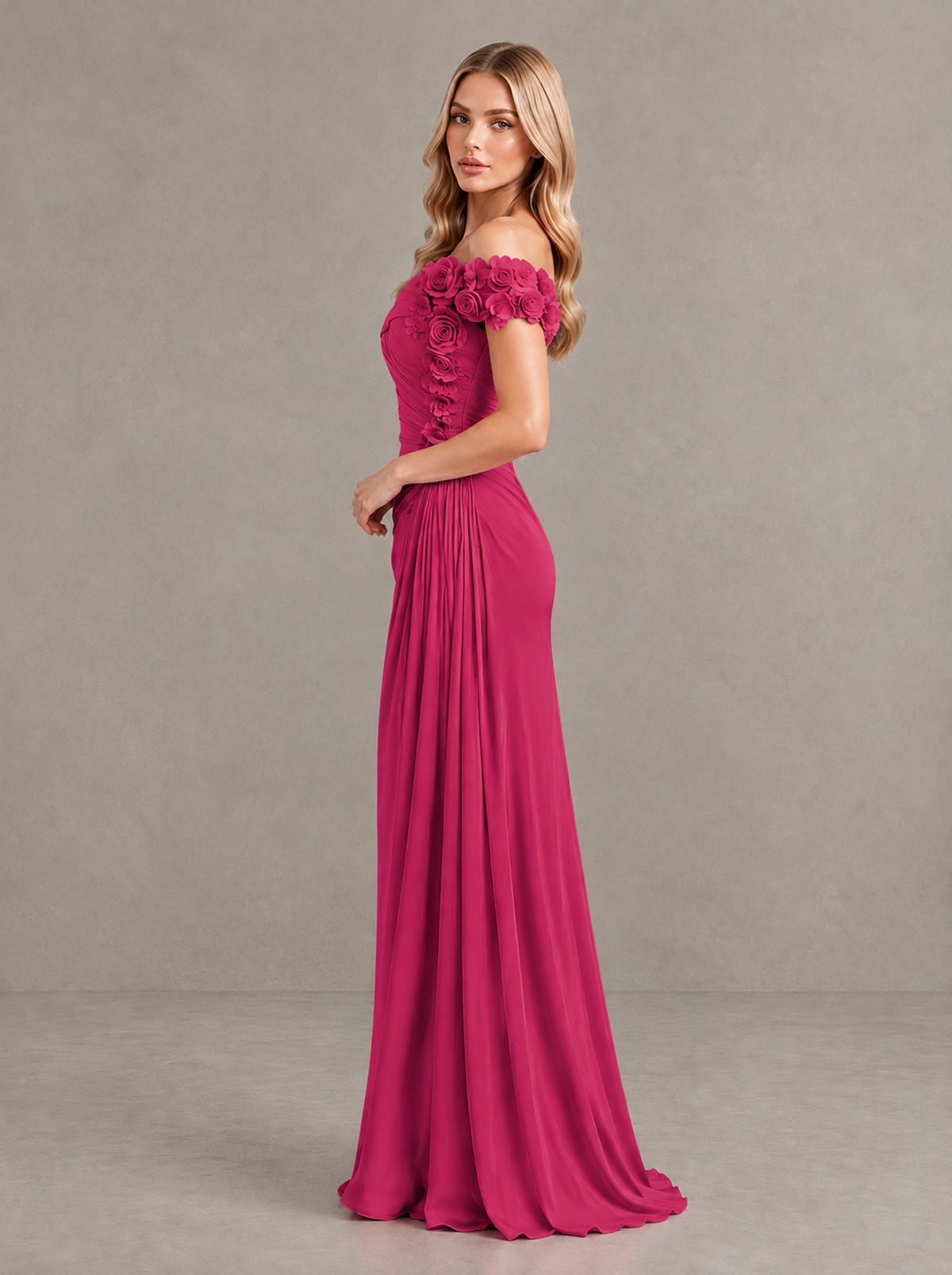 BOLODOO Fuchsia Off-Shoulder Floral Applique Wedding Guest Maxi Dress - Fuchsia - Fuchsia (3)