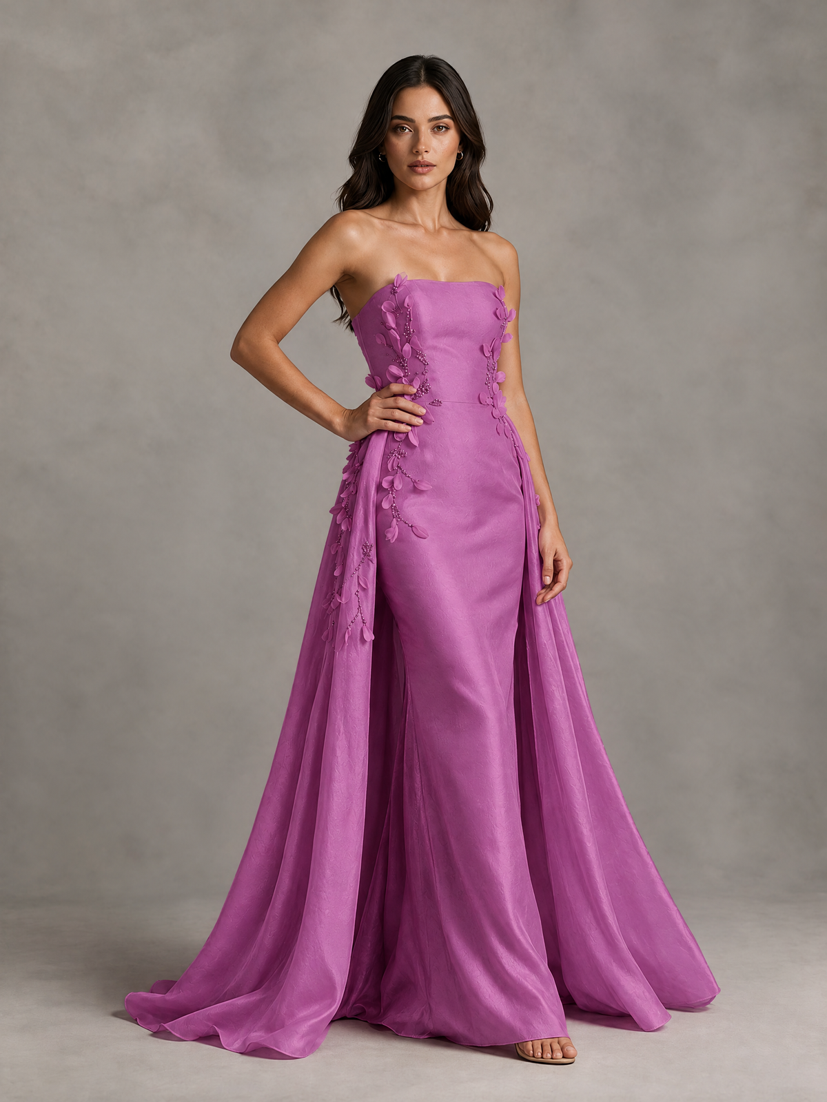 BOLODOO Fuchsia Strapless Floral Applique Prom Dress with Overskirt - Fuchsia - Fuchsia (3)