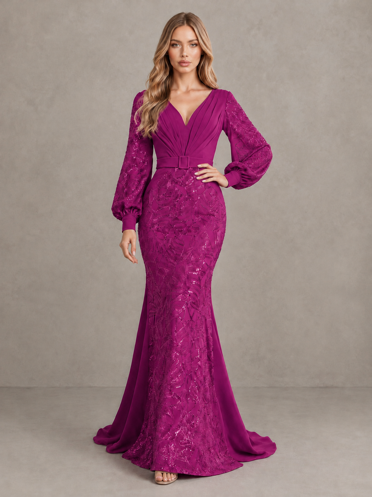 BOLODOO Fuchsia Sequin Long Bishop Sleeve Mermaid Evening Dress - Fuchsia - Fuchsia (3)