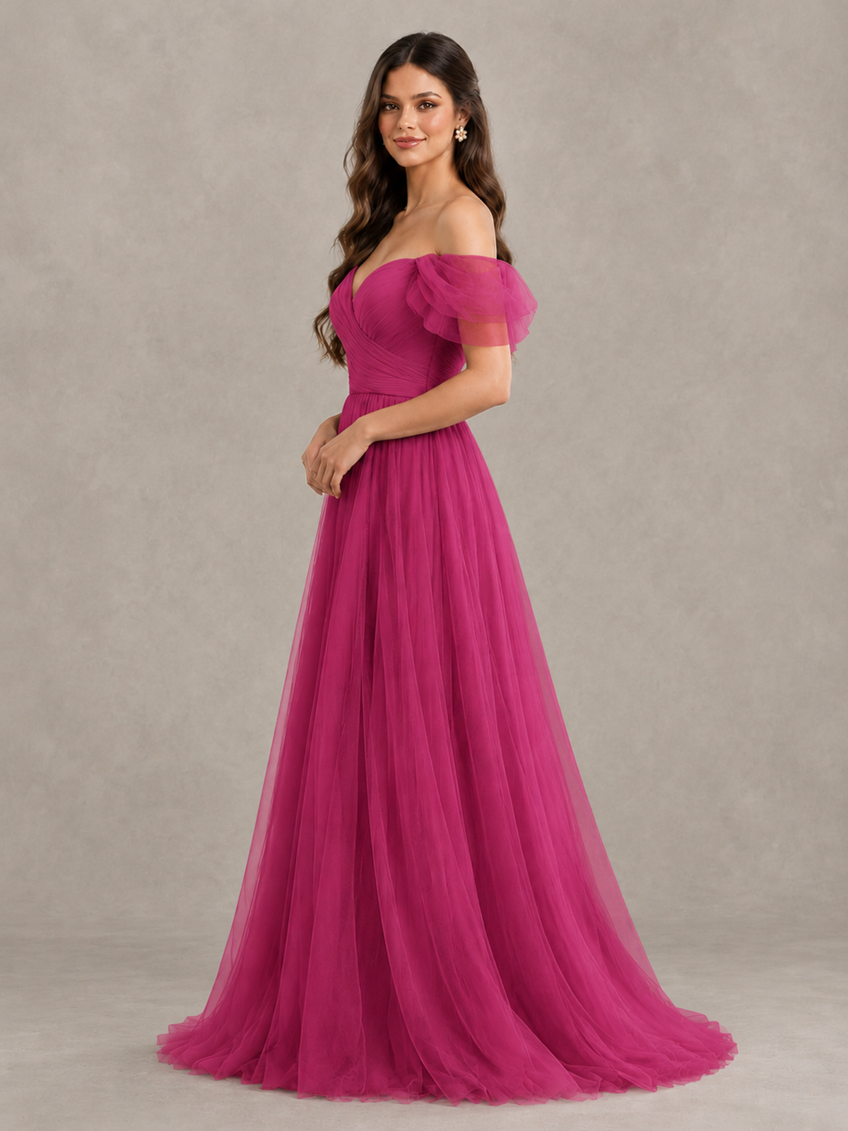 BOLODOO Fuchsia Off-the-Shoulder Ruffle Sleeve A-Line Bridesmaid Dress - Fuchsia - Fuchsia (3)