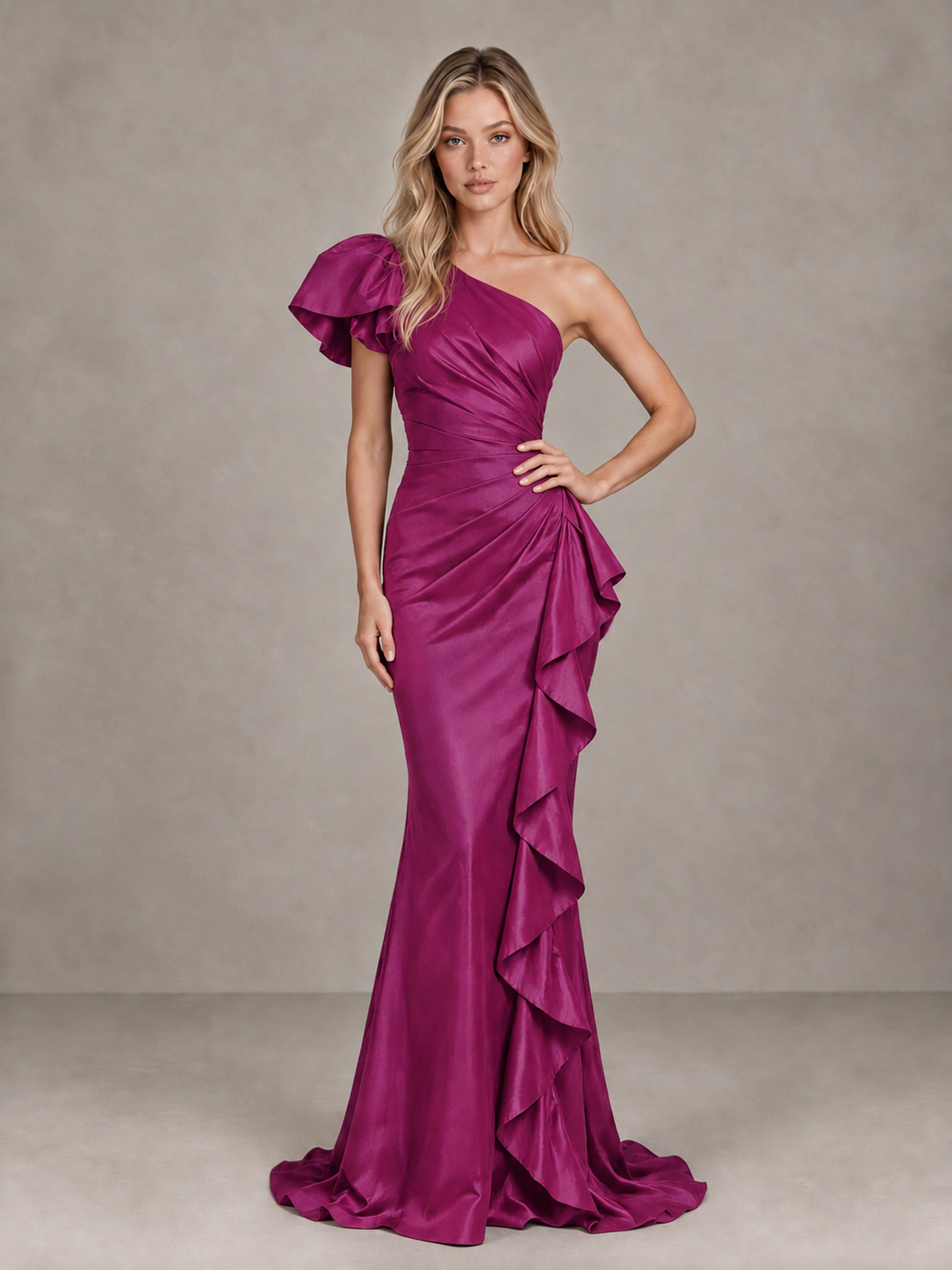 BOLODOO Fuchsia One-Shoulder Satin-Look Mermaid Evening Dress with Ruffles - Fuchsia - Fuchsia (3)
