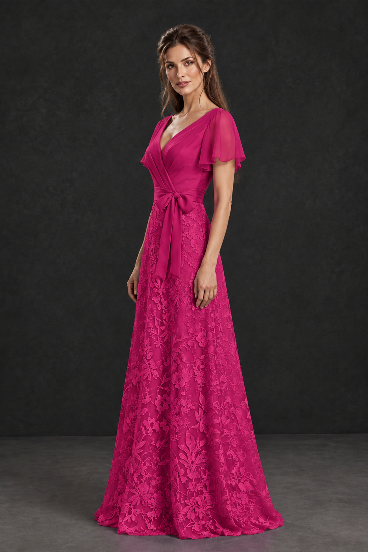 BOLODOO Fuchsia Flutter Sleeve Lace Mother of the Bride Dress - Fuchsia
