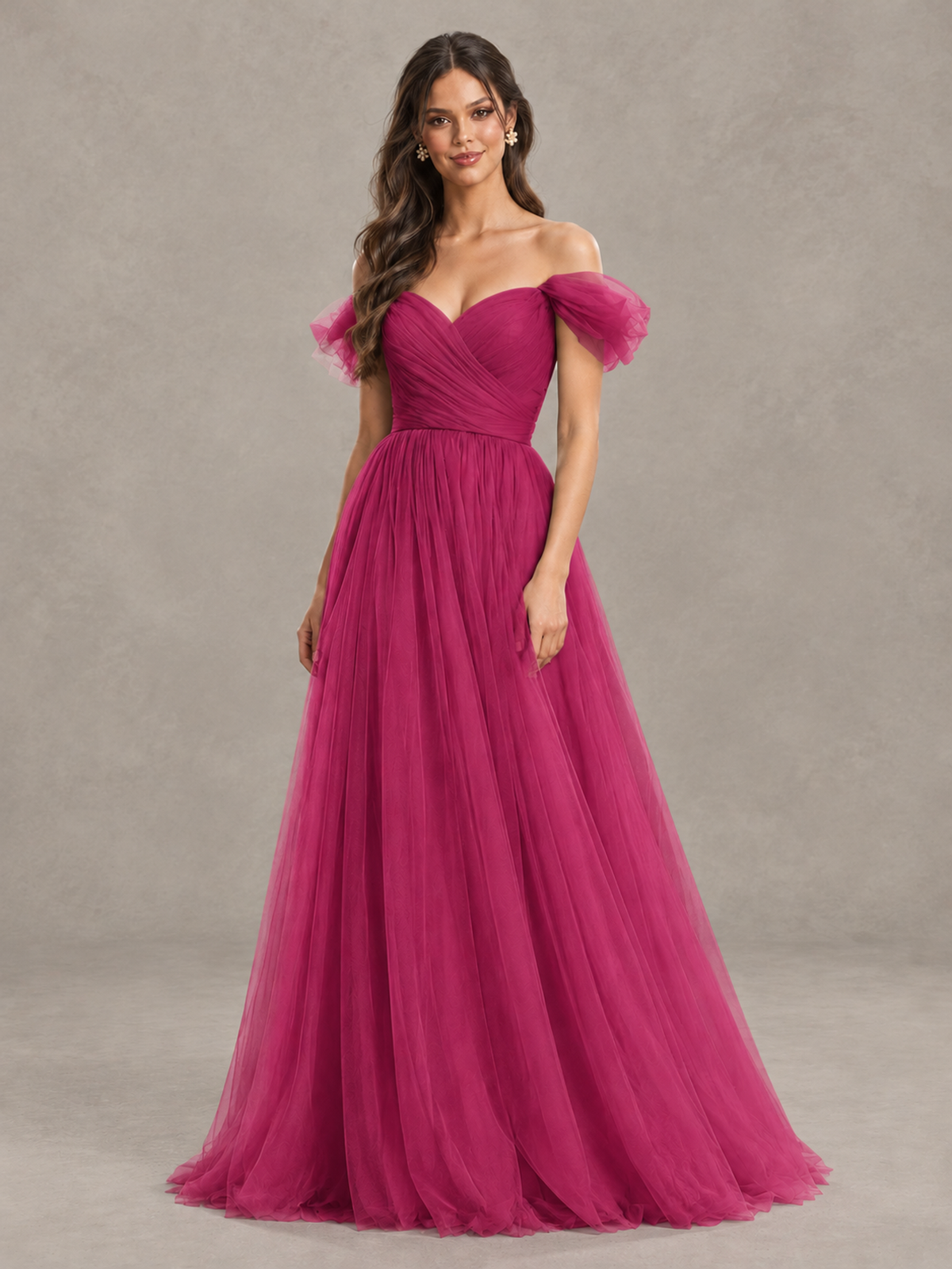 BOLODOO Fuchsia Off-the-Shoulder Ruffle Sleeve A-Line Bridesmaid Dress - Fuchsia - Fuchsia (4)