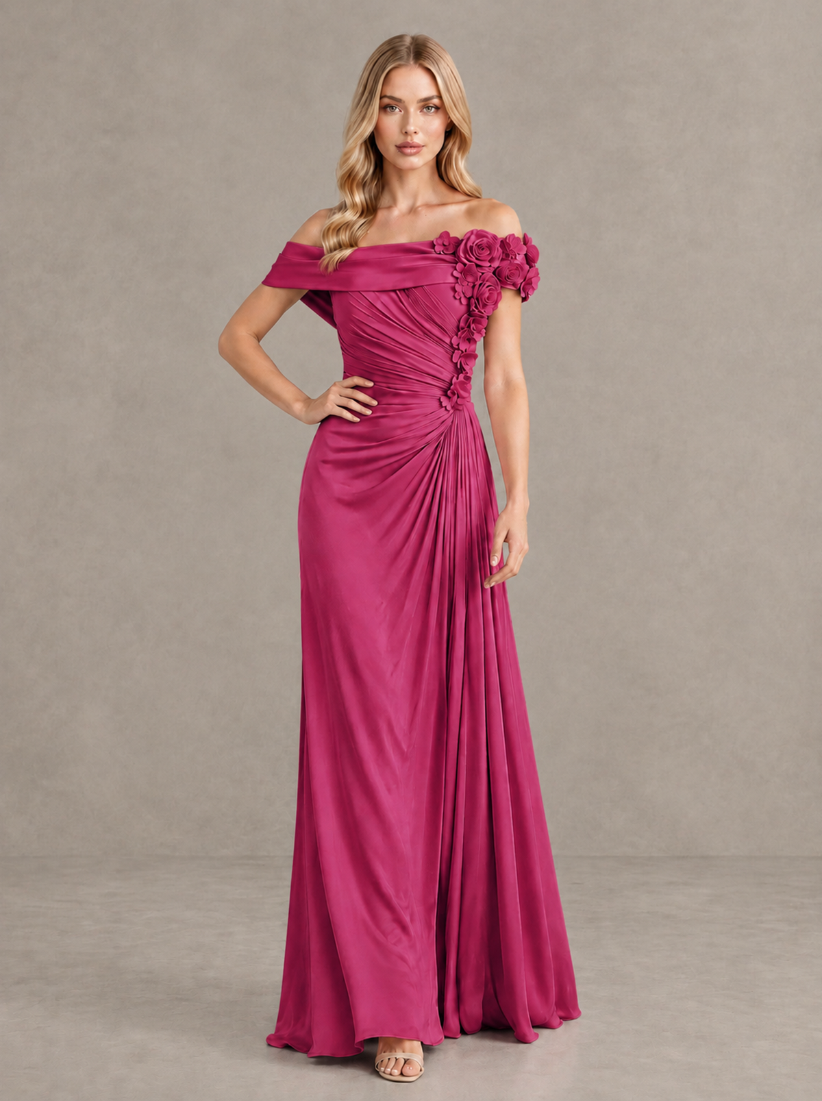 BOLODOO Fuchsia Off-Shoulder Floral Applique Wedding Guest Maxi Dress - Fuchsia - Fuchsia (4)