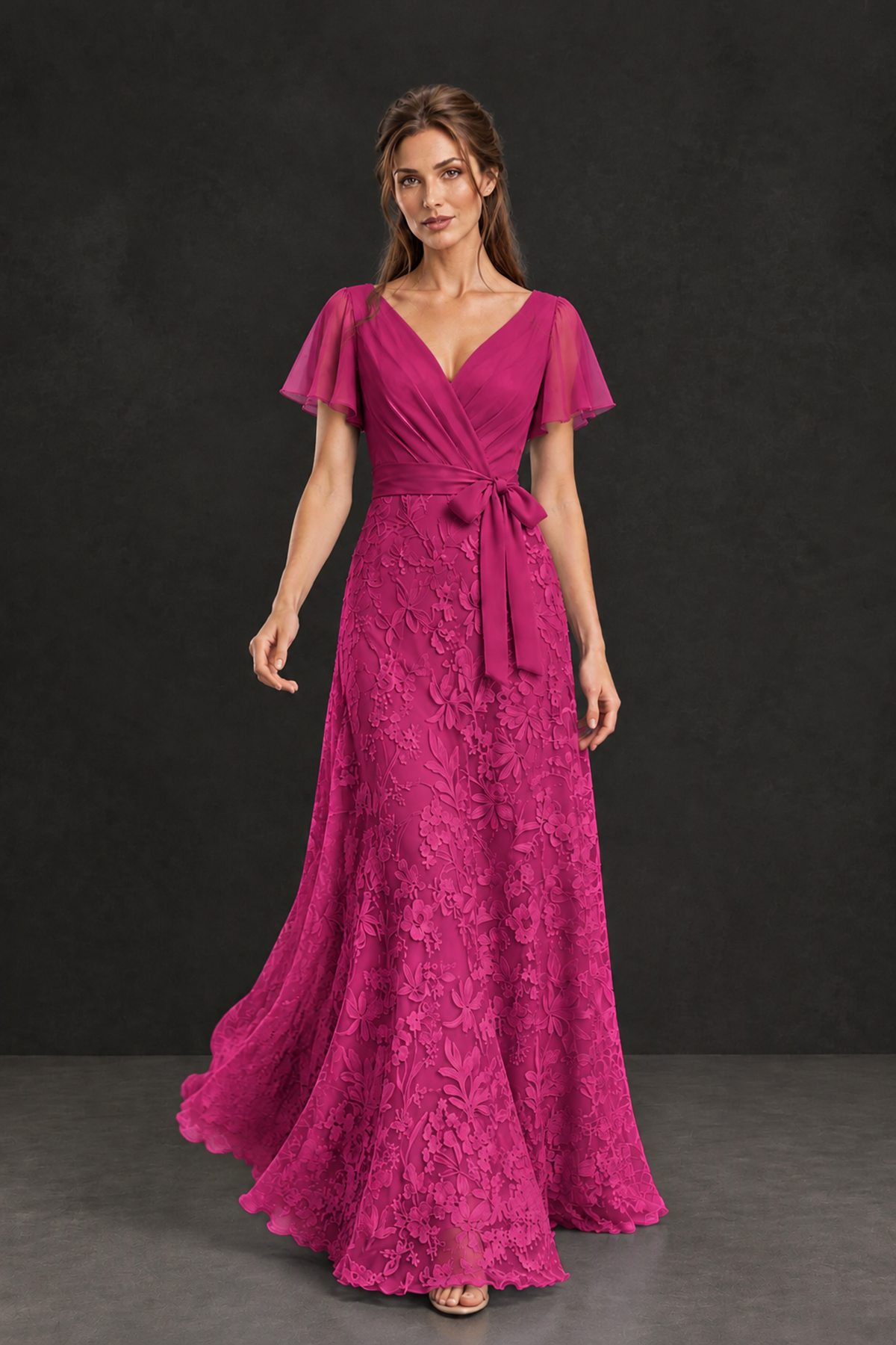 BOLODOO Fuchsia Flutter Sleeve Lace Mother of the Bride Dress - Fuchsia