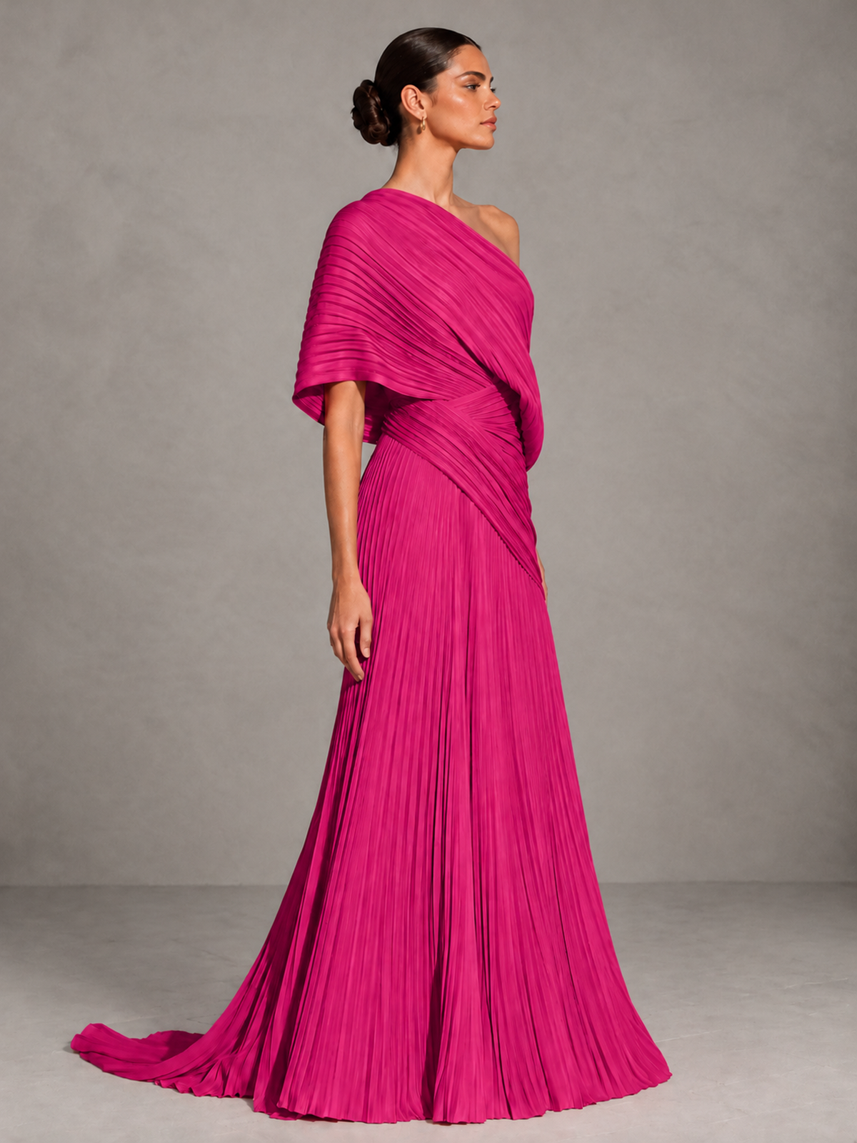 BOLODOO Fuchsia One-Shoulder Pleated Cape Evening Gown with Train - Fuchsia - Fuchsia (4)