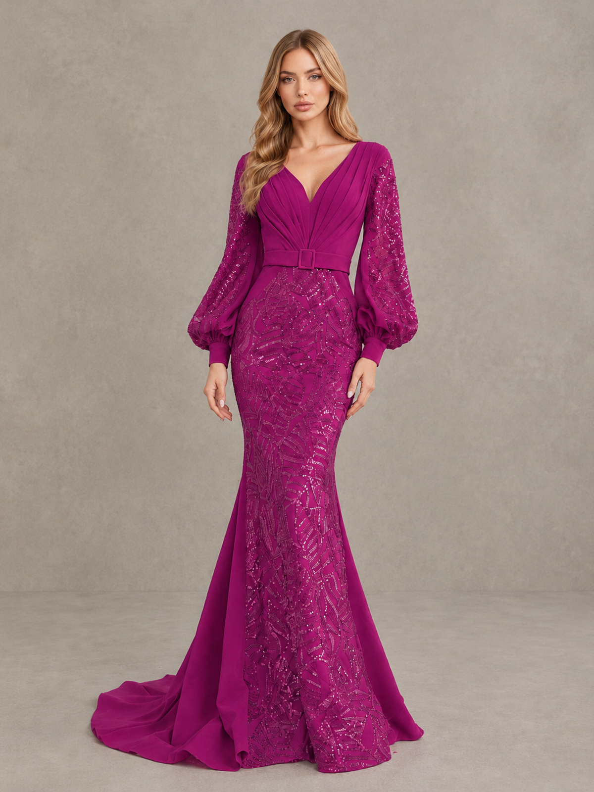 BOLODOO Fuchsia Sequin Long Bishop Sleeve Mermaid Evening Dress - Fuchsia - Fuchsia (4)