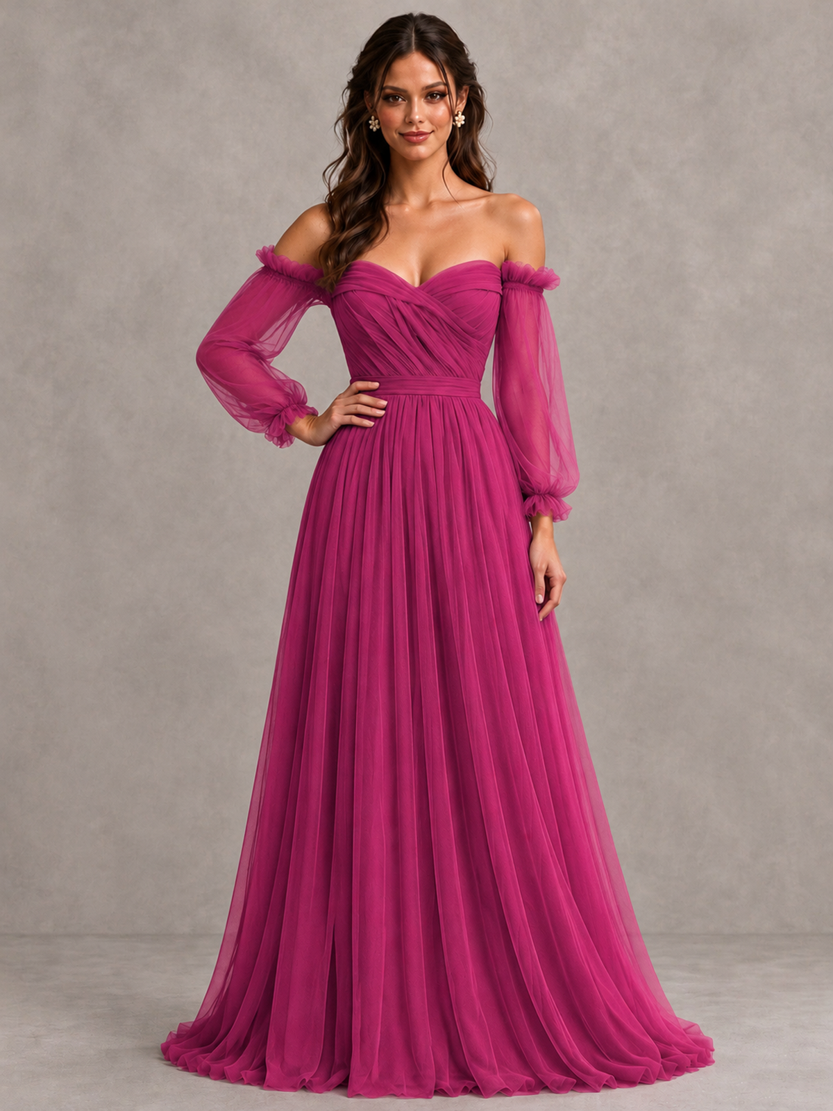 BOLODOO Fuchsia Off-the-Shoulder Long Sleeve A-Line Bridesmaid Dress - Fuchsia - Fuchsia (4)