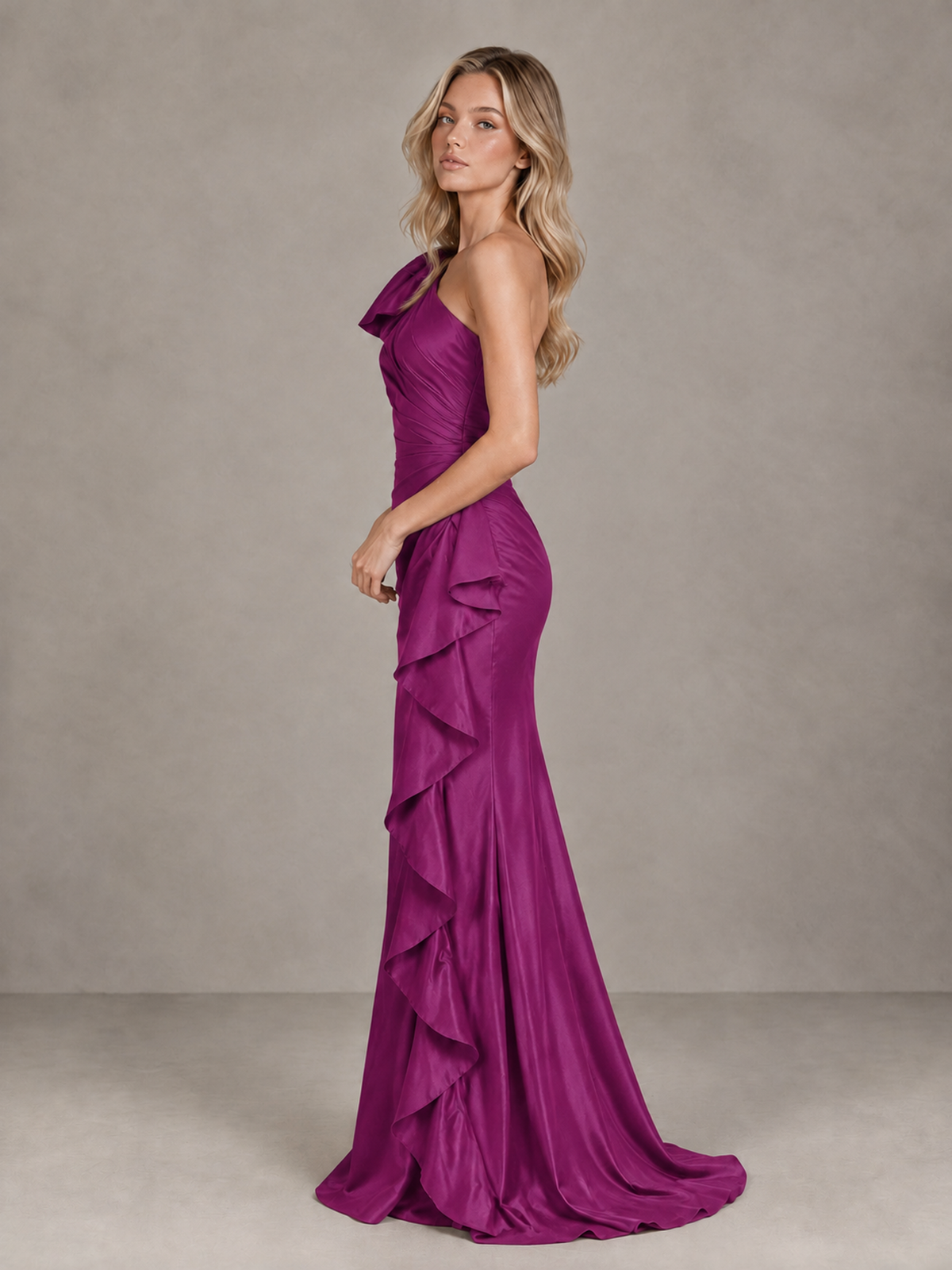 BOLODOO Fuchsia One-Shoulder Satin-Look Mermaid Evening Dress with Ruffles - Fuchsia - Fuchsia (4)