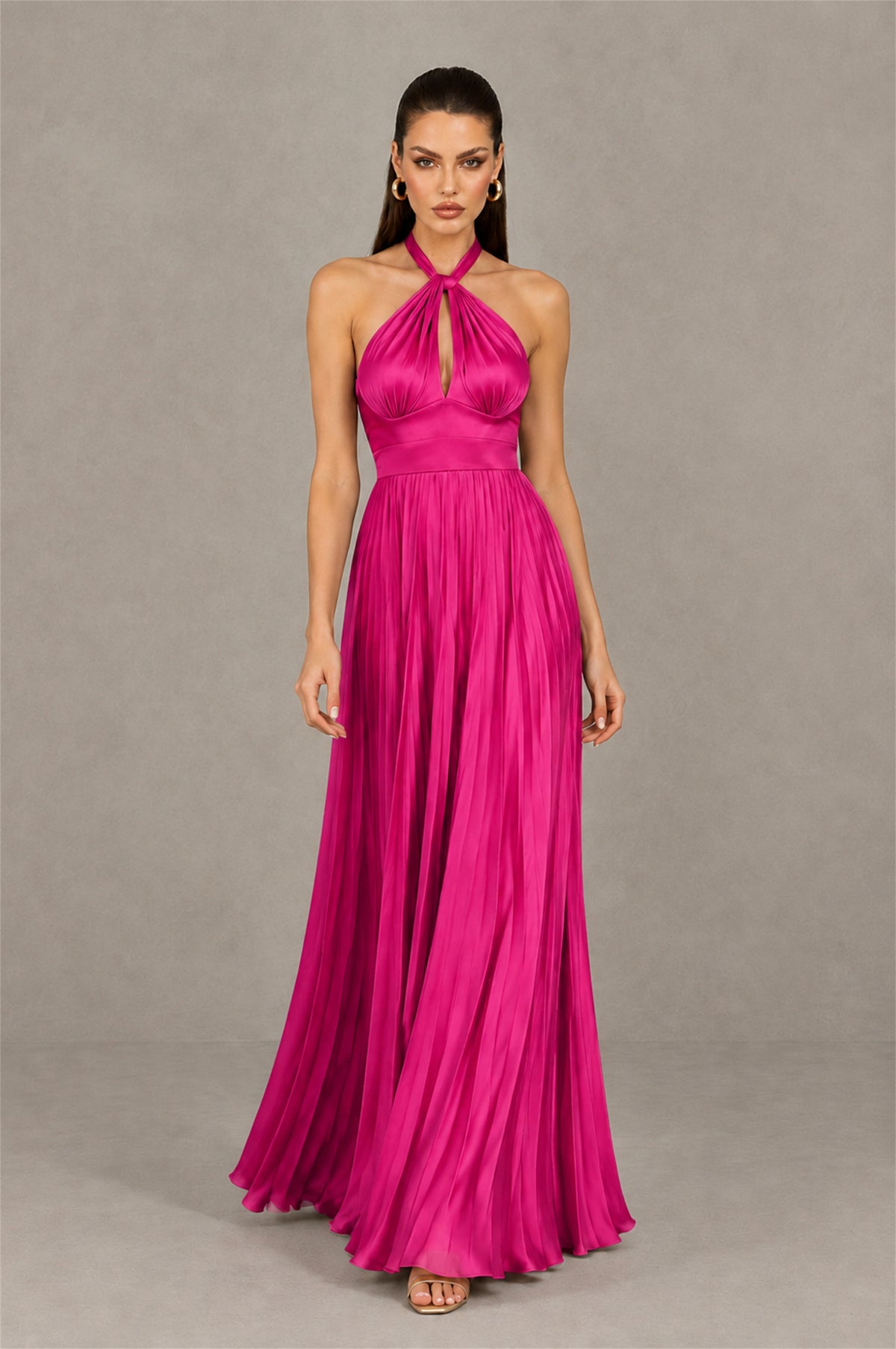 BOLODOO Fuchsia Halter Pleated A-Line Evening Dress - Fuchsia