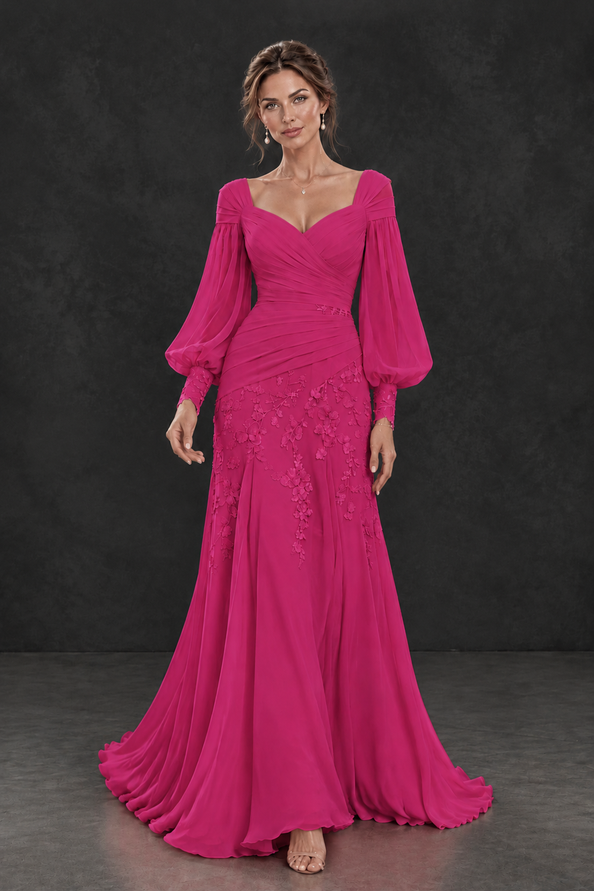 BOLODOO Fuchsia Long Sleeve Mother of the Bride Dress with Floral Appliqués - Fuchsia - Fuchsia (4)