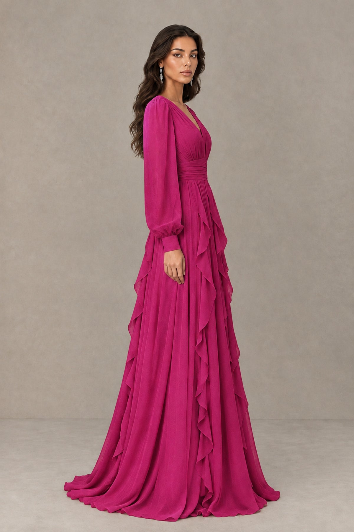 BOLODOO Fuchsia Long Sleeve V-Neck Ruffle Maxi Dress - Fuchsia - Fuchsia (4)
