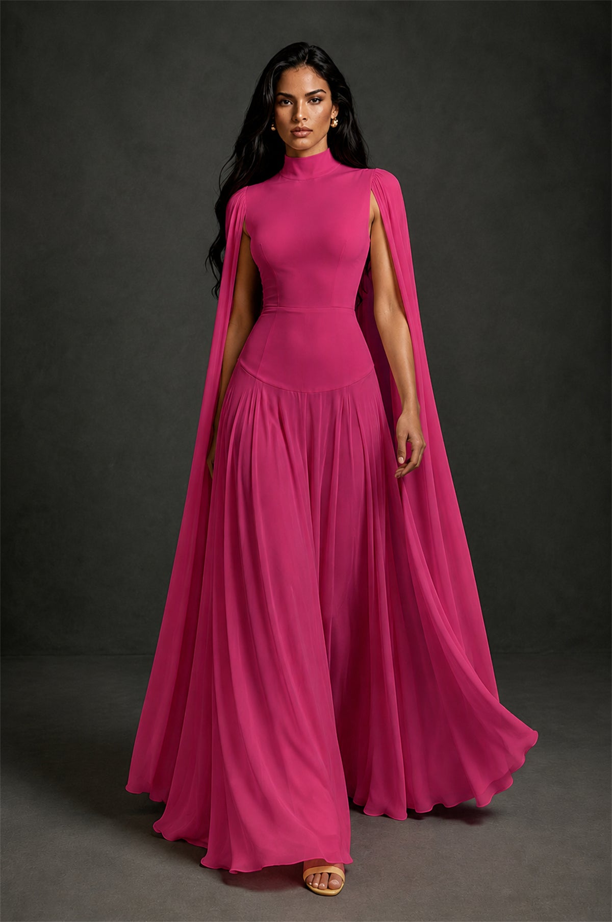 BOLODOO Fuchsia Mock Neck Cape Sleeve A-Line Chiffon Maxi Dress - Fuchsia - Fuchsia (4)
