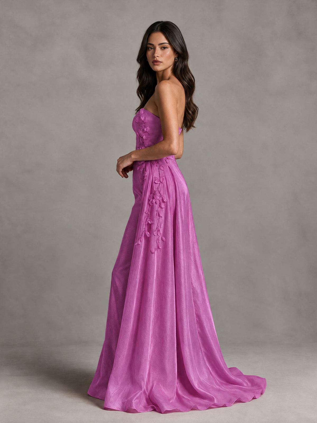 BOLODOO Fuchsia Strapless Floral Applique Prom Dress with Overskirt - Fuchsia - Fuchsia (4)
