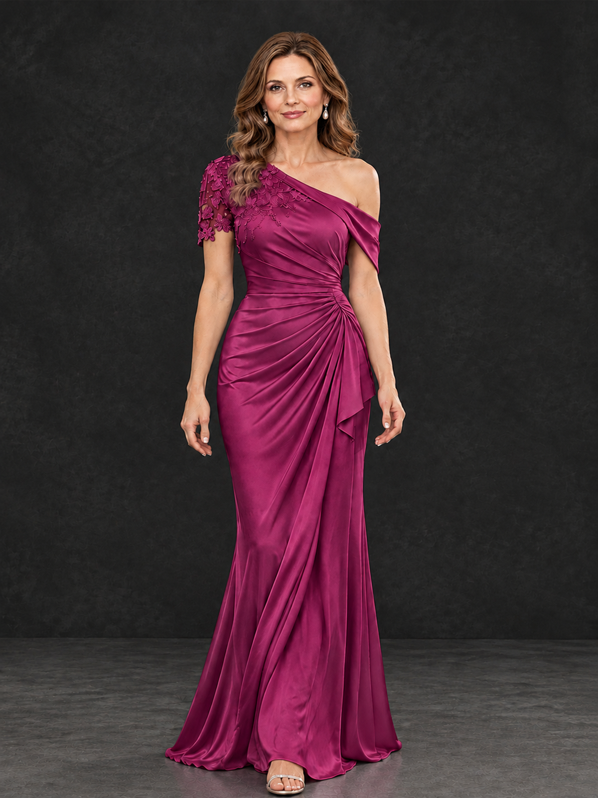 BOLODOO Fuchsia Asymmetric Satin Mother of the Bride Dress with Lace Sleeve - Fuchsia - Fuchsia (4)