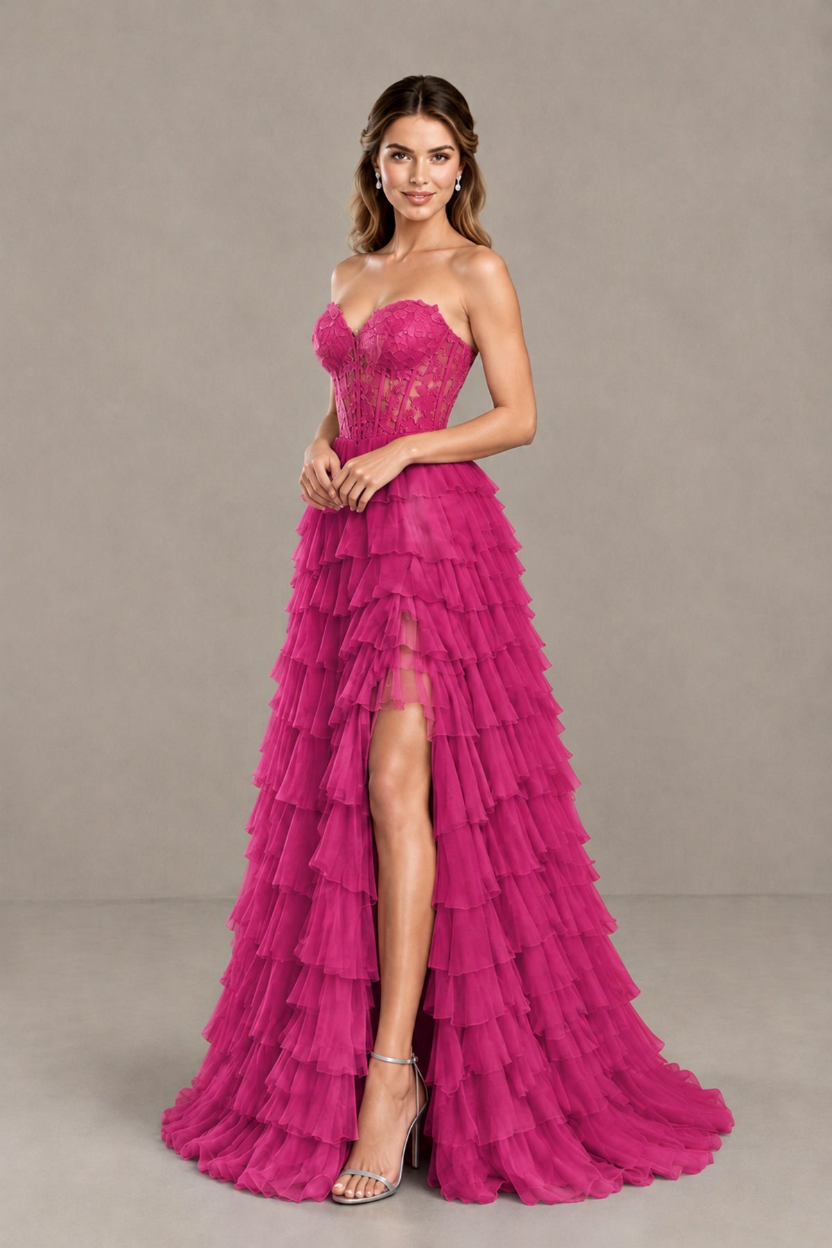 BOLODOO Fuchsia Strapless Lace Corset Tiered Ruffle Prom Dress with Slit - Fuchsia - Fuchsia (4)