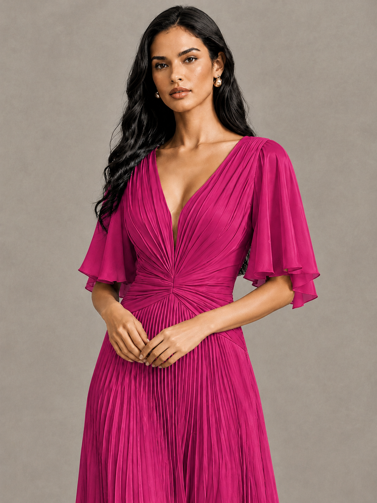 BOLODOO Fuchsia Pleated V-Neck Flutter Sleeve Bridesmaid Dress - Fuchsia - Fuchsia (4)