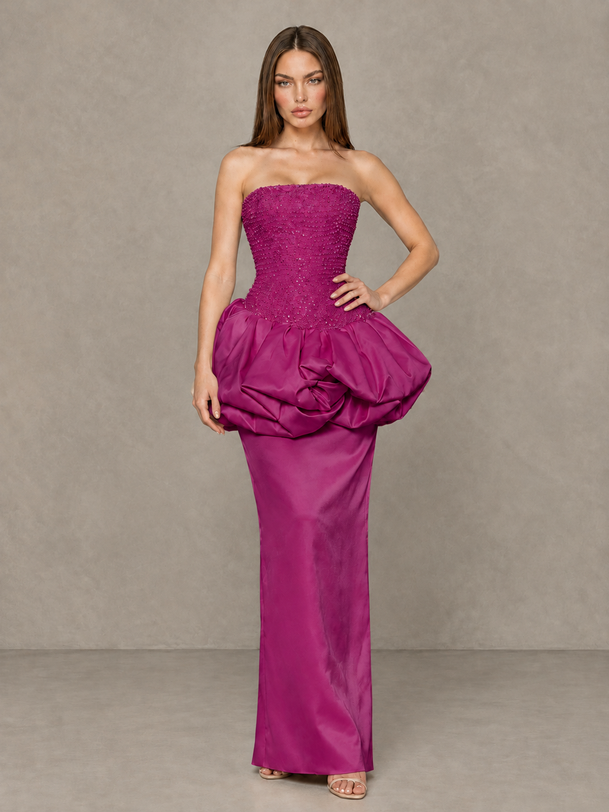 BOLODOO Fuchsia Strapless Embellished Bubble Peplum Evening Dress - Fuchsia - Fuchsia (4)