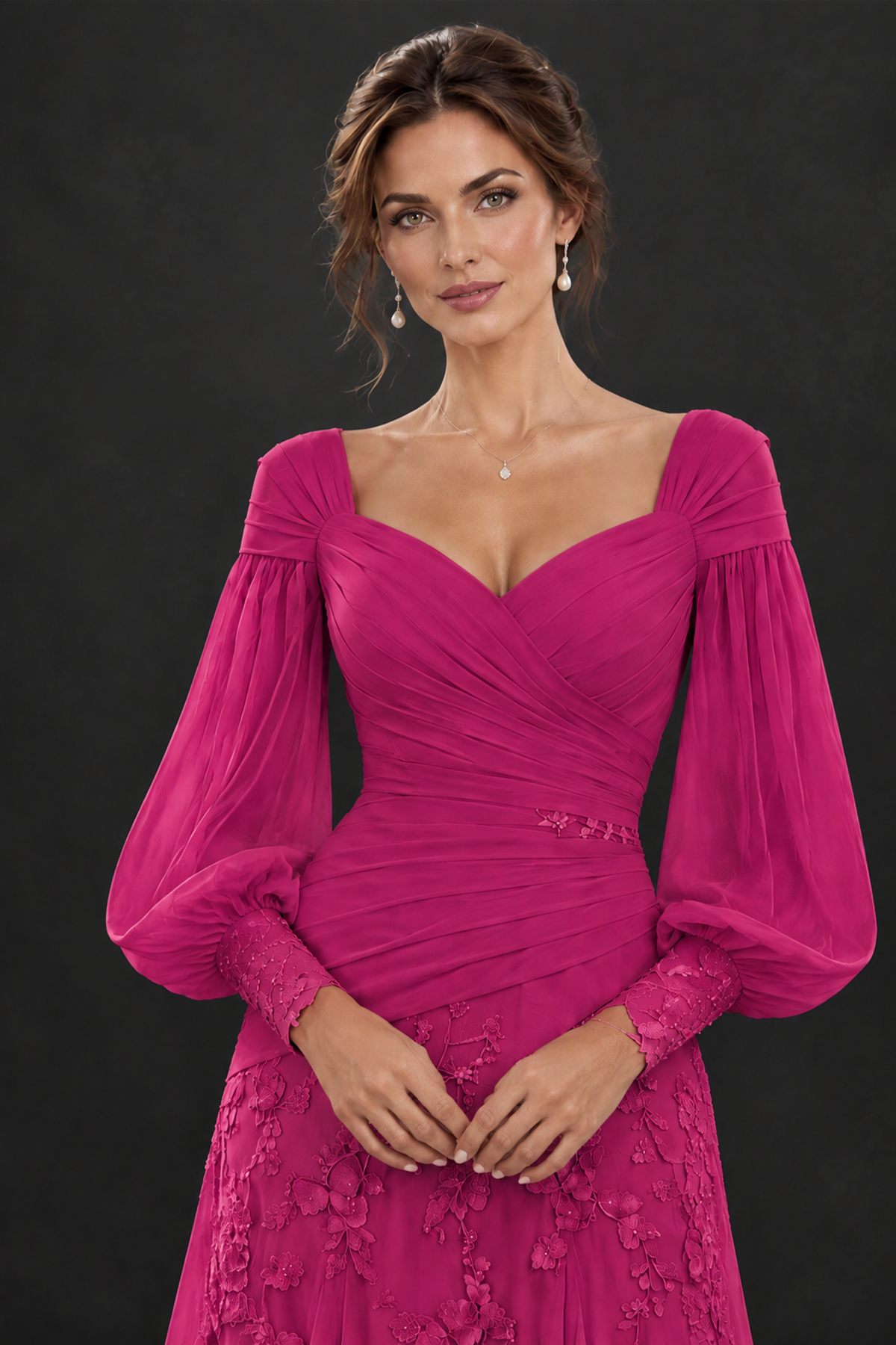 BOLODOO Fuchsia Long Sleeve Mother of the Bride Dress with Floral Appliqués - Fuchsia - Fuchsia (5)