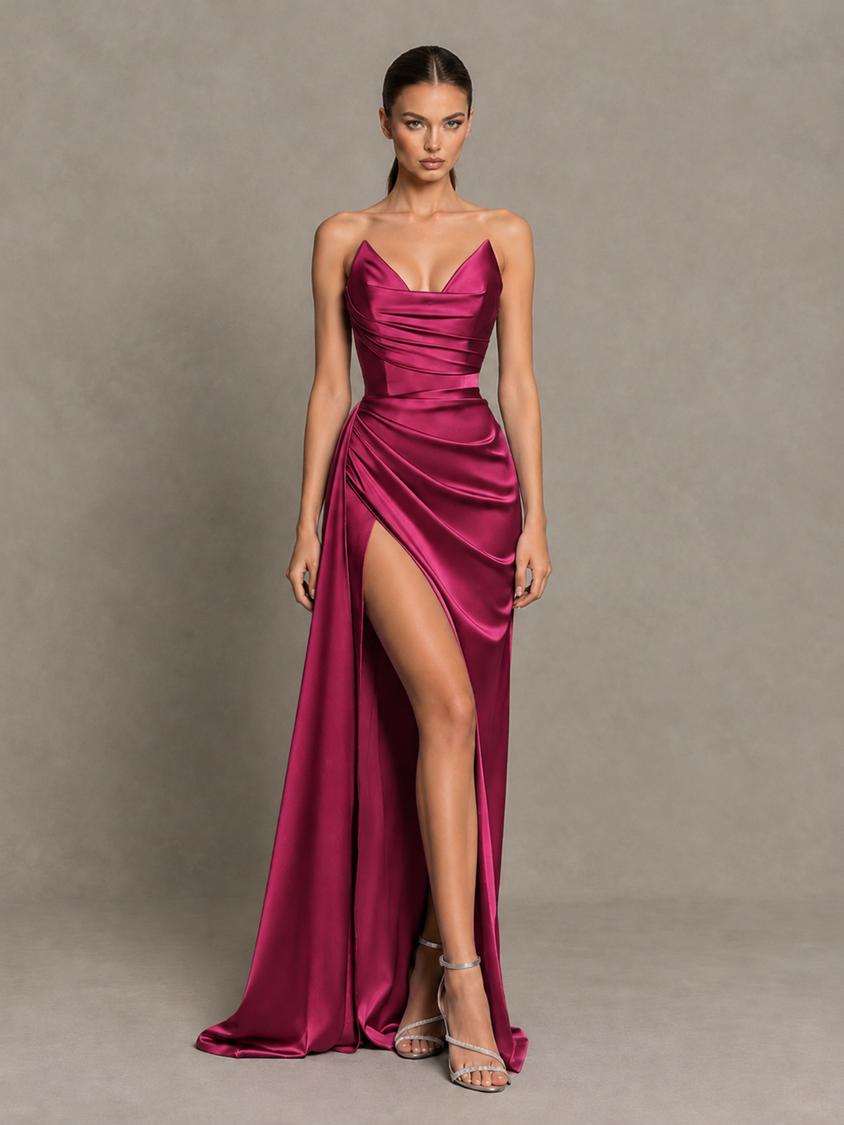 BOLODOO Fuchsia Strapless Satin High-Slit Lace-Up Prom Dress 
