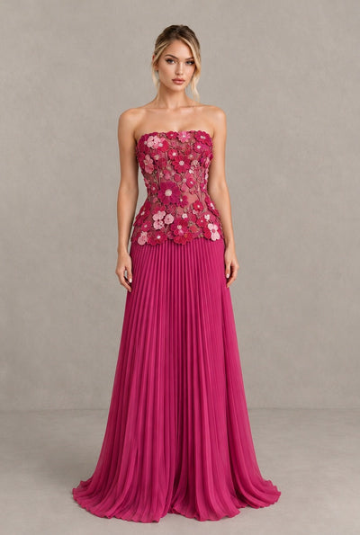 BOLODOO Fuchsia Floral Strapless Floral Applique Pleated Evening Dress - Fuchsia Floral - Fuchsia Floral (1)
