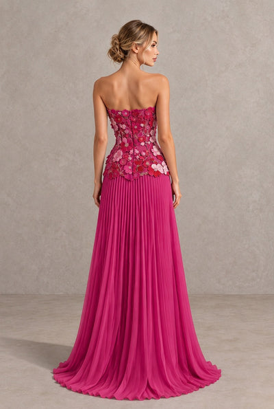 BOLODOO Fuchsia Floral Strapless Floral Applique Pleated Evening Dress - Fuchsia Floral - Fuchsia Floral (2)