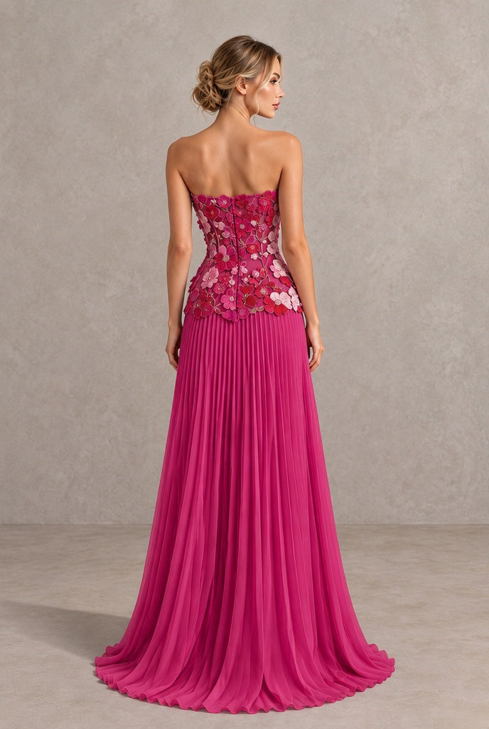 BOLODOO Fuchsia Floral Strapless Floral Applique Pleated Evening Dress - Fuchsia Floral - Fuchsia Floral (2)
