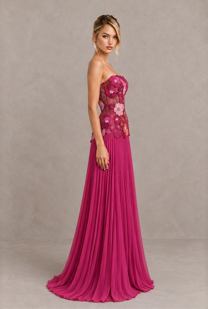 BOLODOO Fuchsia Floral Strapless Floral Applique Pleated Evening Dress - Fuchsia Floral - Fuchsia Floral (3)