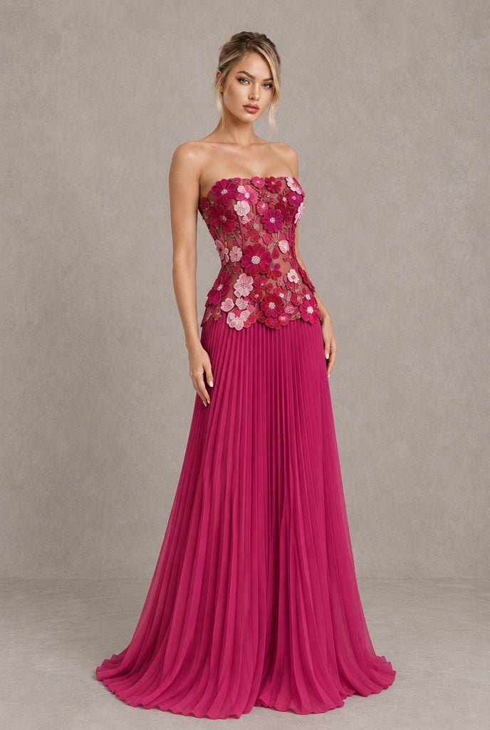 BOLODOO Fuchsia Floral Strapless Floral Applique Pleated Evening Dress - Fuchsia Floral - Fuchsia Floral (4)