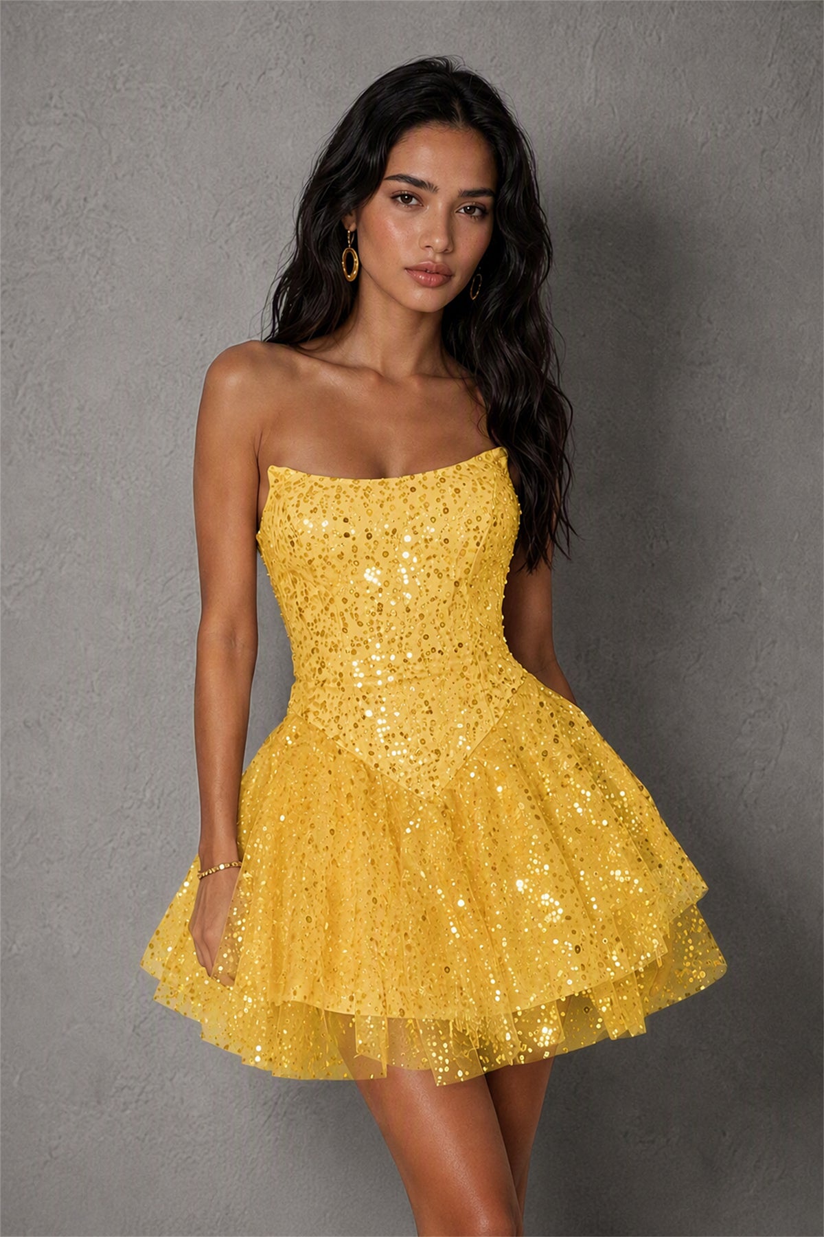 BOLODOO Gold Sequin Strapless Corset Tiered Ruffle Mini Dress | BD0563 - Gold
