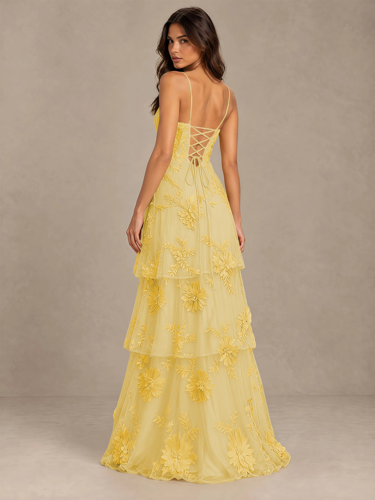 BOLODOO Gold Floral Applique Tiered Prom Dress with Lace-Up Back - Gold - Gold-2