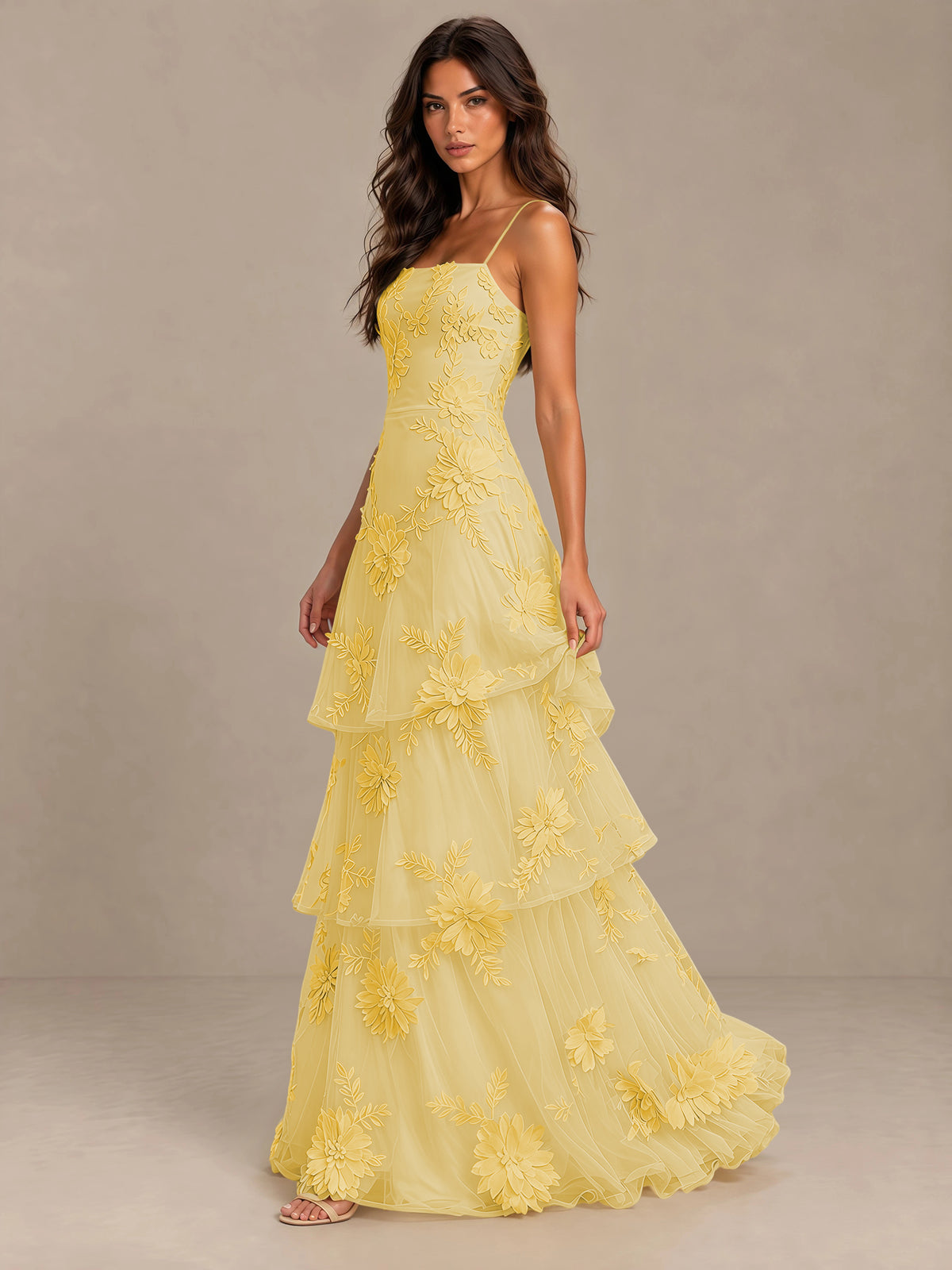 BOLODOO Gold Floral Applique Tiered Prom Dress with Lace-Up Back - Gold - Gold-3