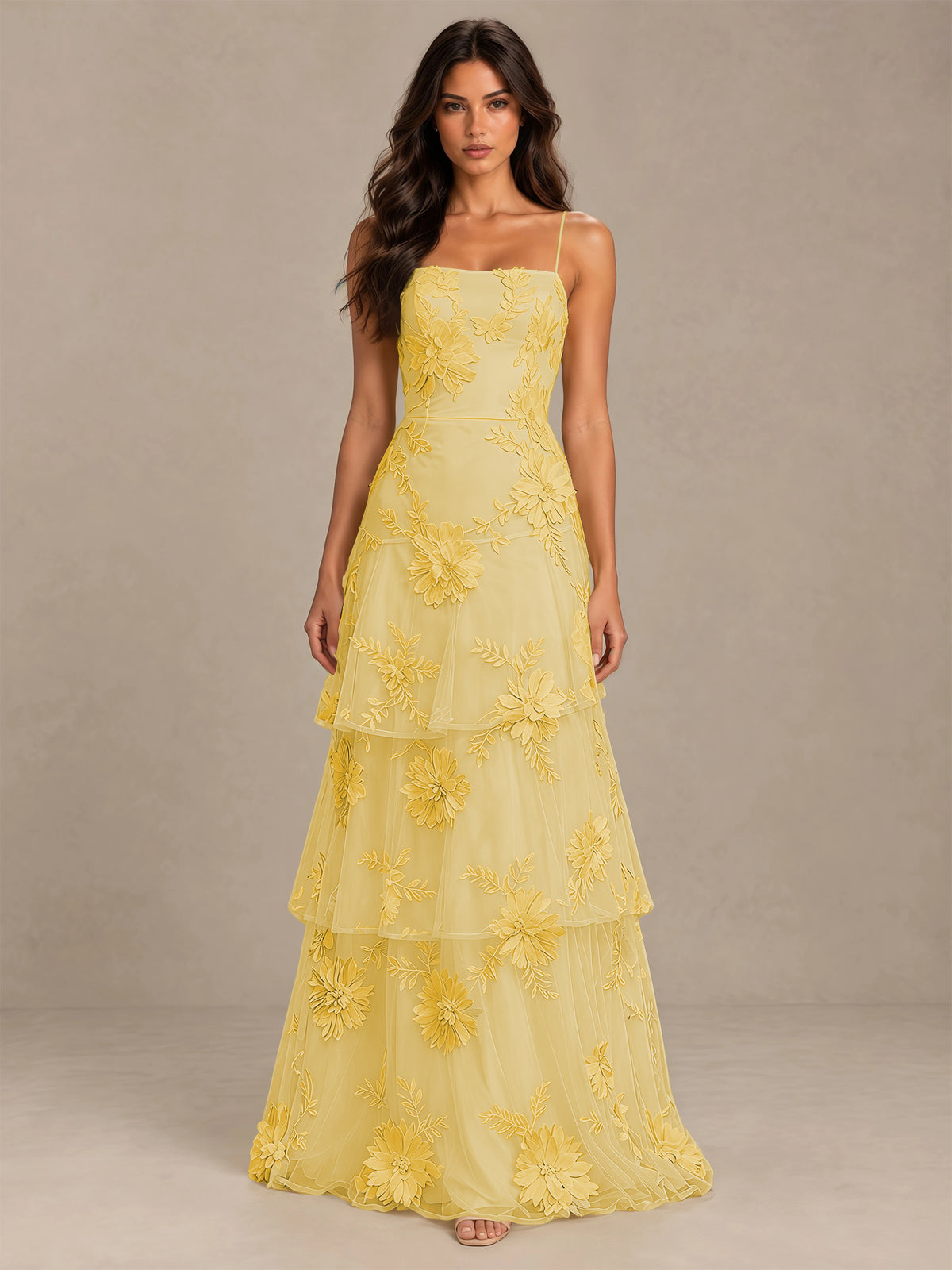 BOLODOO Gold Floral Applique Tiered Prom Dress with Lace-Up Back - Gold - Gold-4