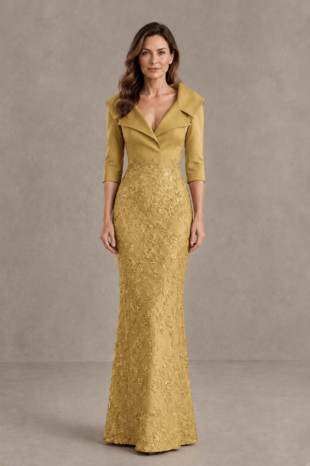 BOLODOO Gold Three-Quarter Sleeve Mermaid Evening Dress with Floral Detail - Gold - Gold_01