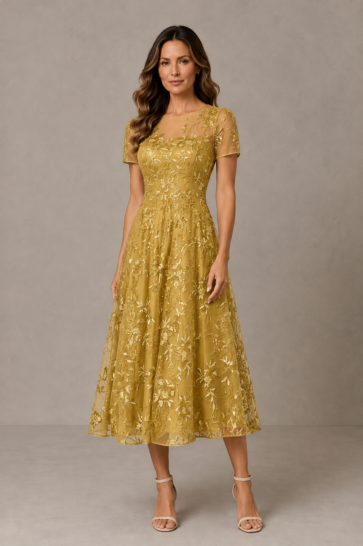 BOLODOO Gold Textured Floral A-Line Dress with Short Sleeves - Gold - Gold_01