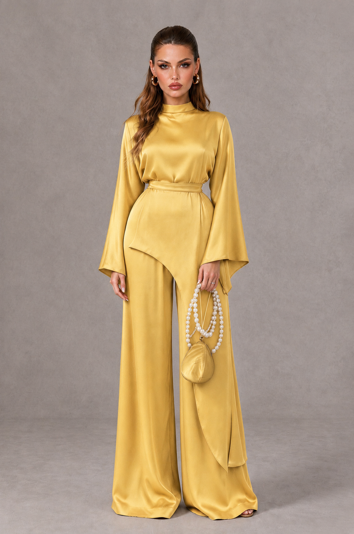 BOLODOO Gold Satin-Look Long Sleeve Wide-Leg Jumpsuit - Gold - Gold_01