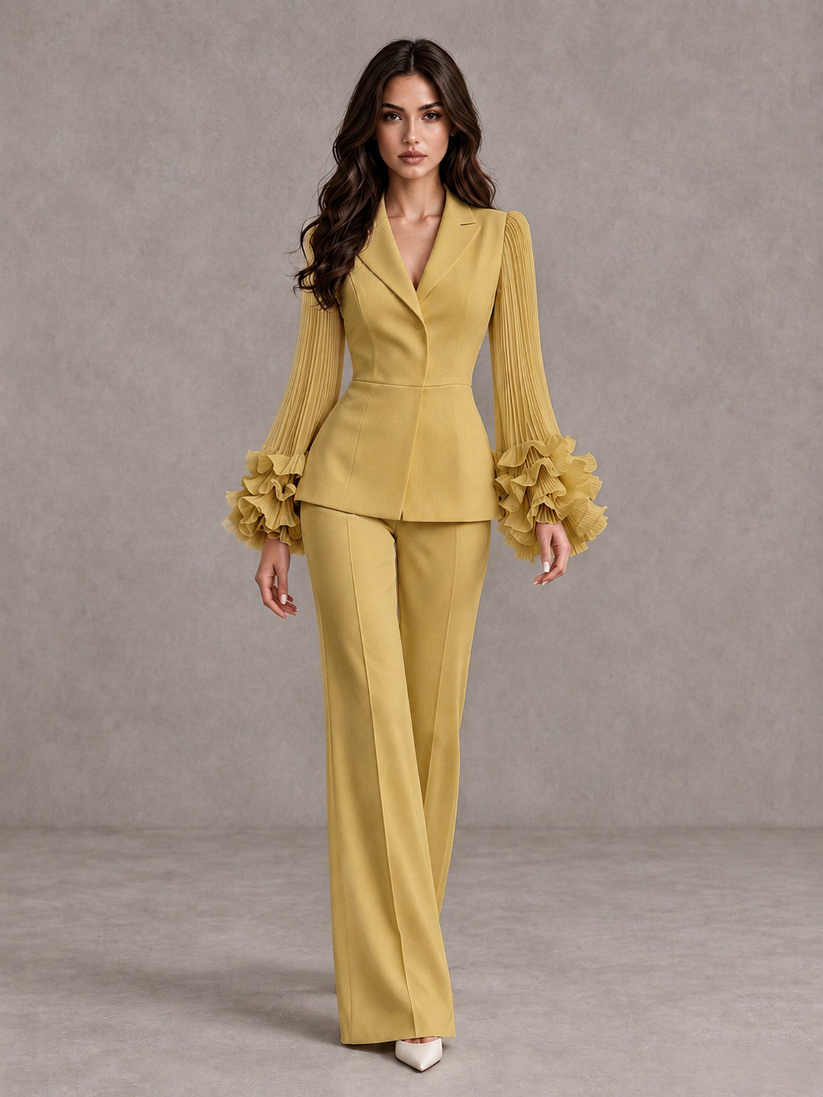 BOLODOO Gold Mother of the Bride Pant Suit – Pleated Long Sleeve Ruffle Cuff Wide Leg Trouser Suit - Gold - Gold_01