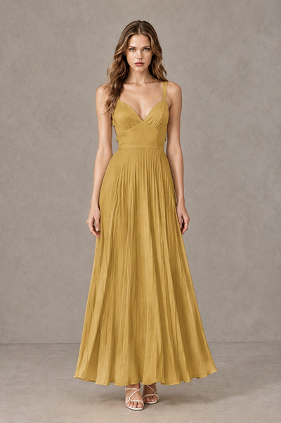 BOLODOO Gold V-Neck Pleated Open-Back Maxi Dress - Gold - Gold_01