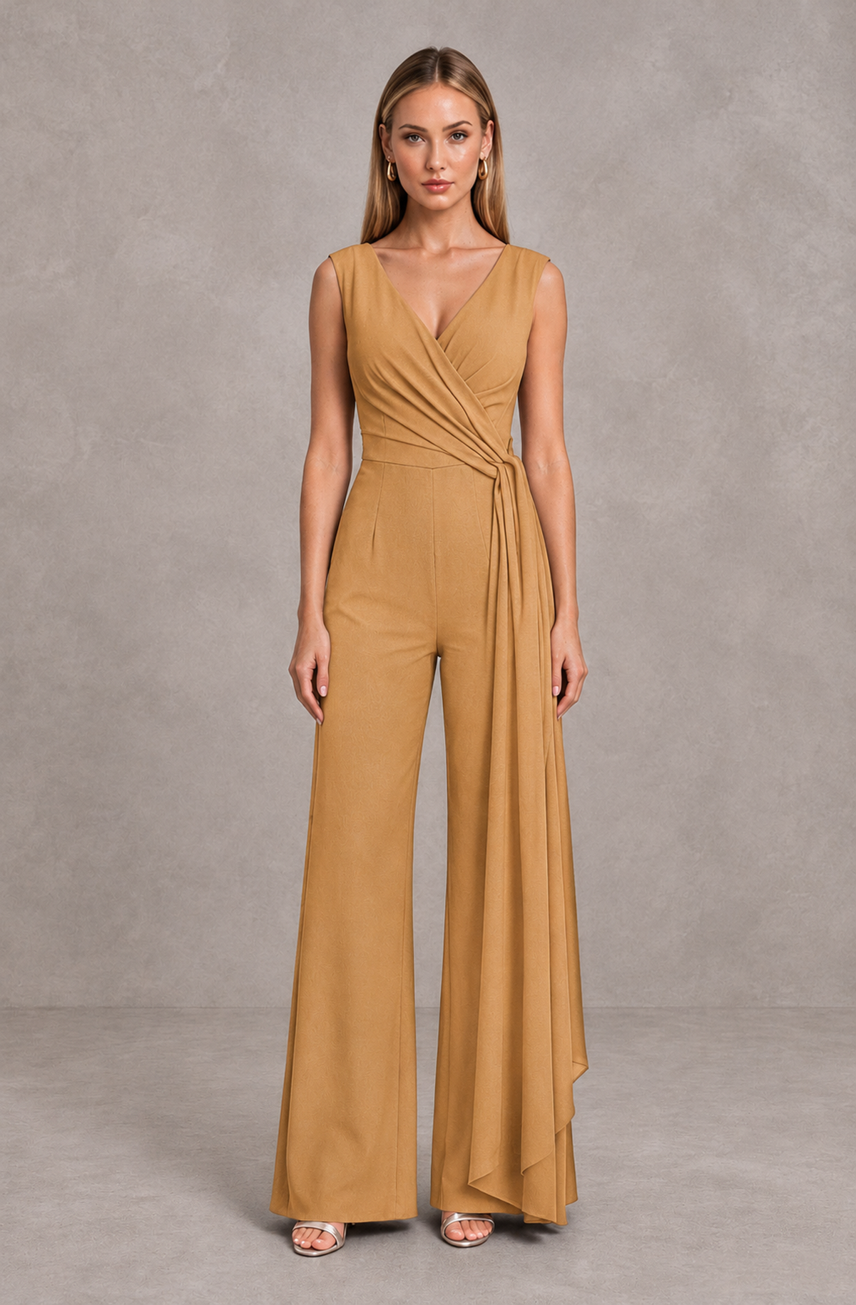 BOLODOO Gold Sleeveless V-Neck Wide-Leg Jumpsuit with Side Drape - Gold - Gold_01