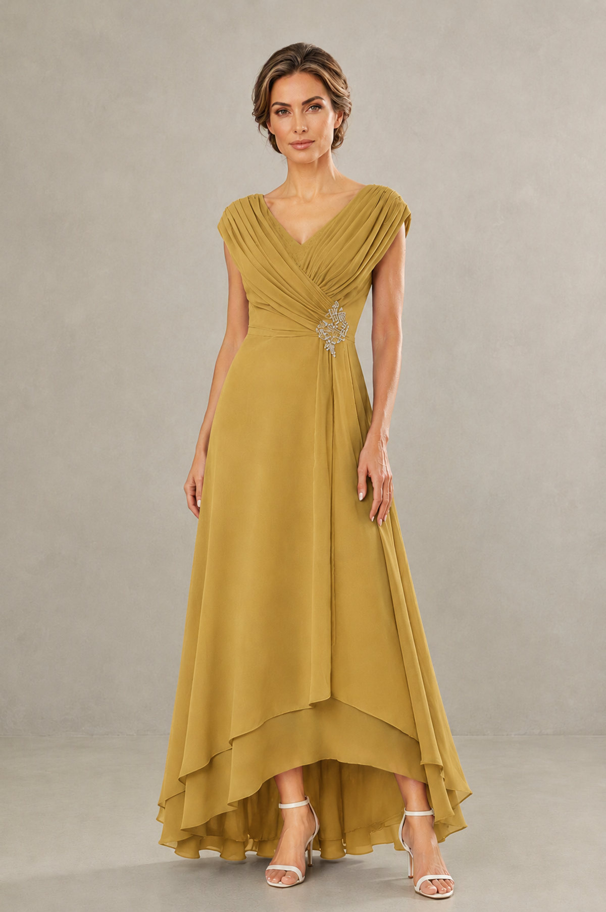 BOLODOO Gold V-Neck High-Low Mother of the Bride Dress - Gold - Gold_01