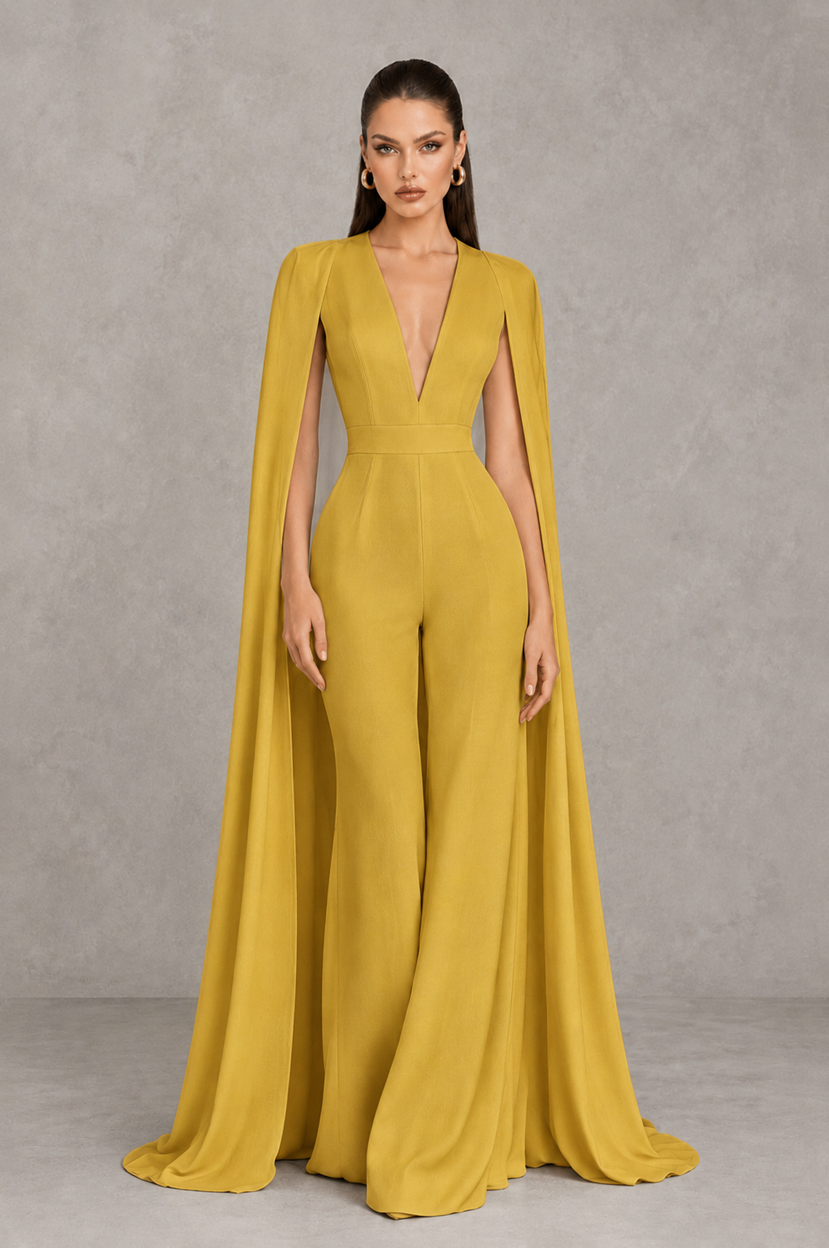 BOLODOO Gold Deep V-Neck Cape Sleeve Bridal Jumpsuit - Gold - Gold_01